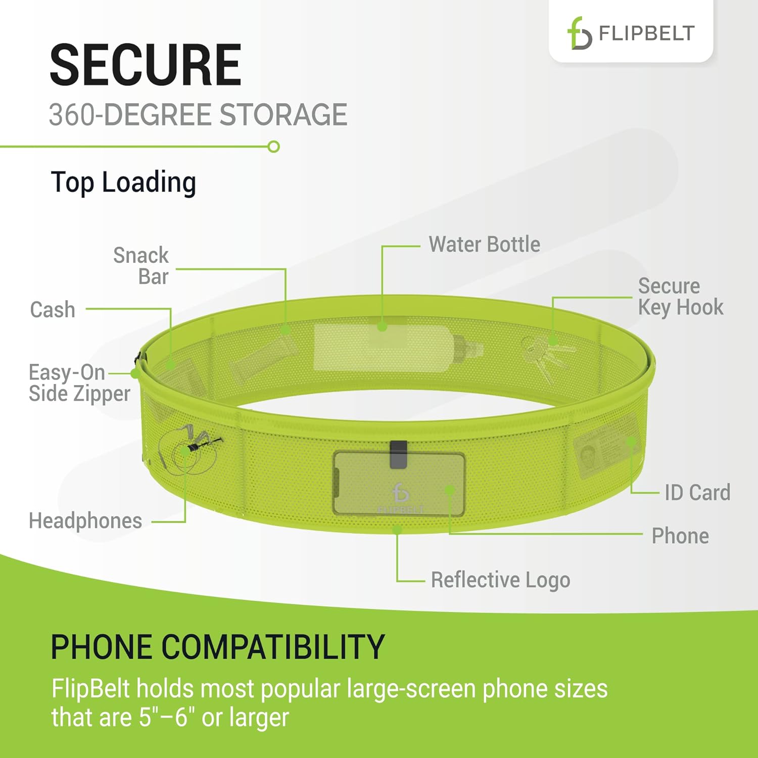 FlipBelt Lightweight Running Air Belt, Fitness and Running Fanny Pack for Women and Men, Non Chafing Waist Band Pack for Phone, Keys, Money, Moisture Wicking Storage Belt, USA Company Neon Yellow - Image 3