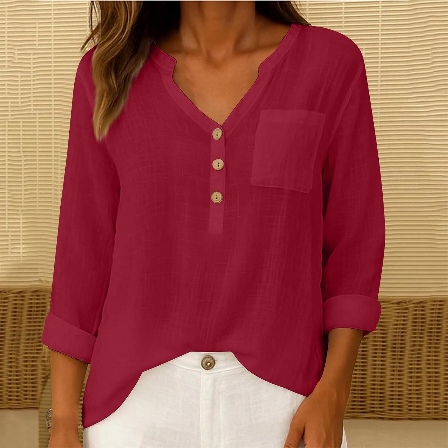 Women Fashion Long Sleeve Shirts Cotton Linen Blouses 2026 Summer Casual Loose Button Tops Solid Tshirt with Pocket