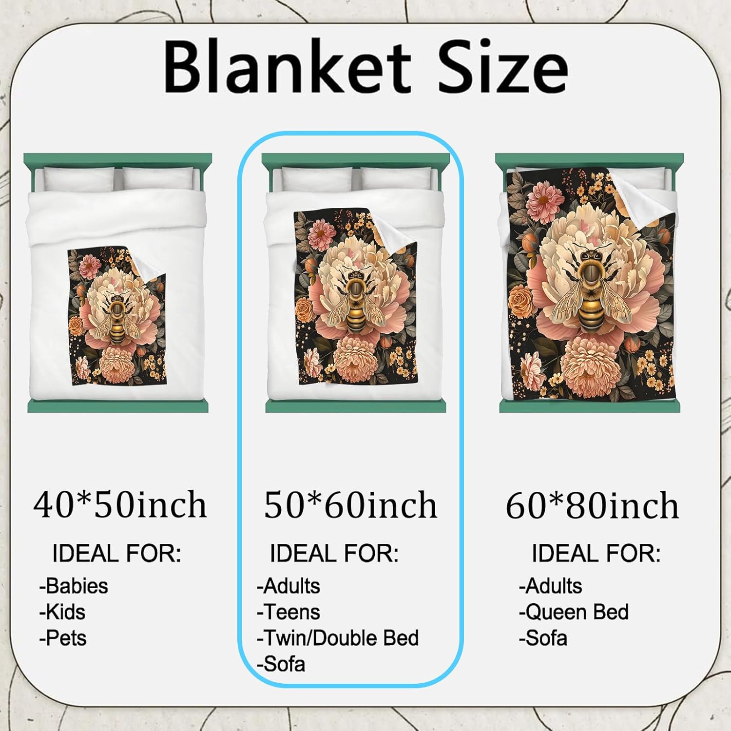 Vintage Bee and Floral Flannel Blanket,Elegant Botanical Throw with Peony and Rose on Black Background,Lightweight Fleece Blankets for Nature Lover,Couch,Bed,Camping Decor Gifts,60x50in - Image 3