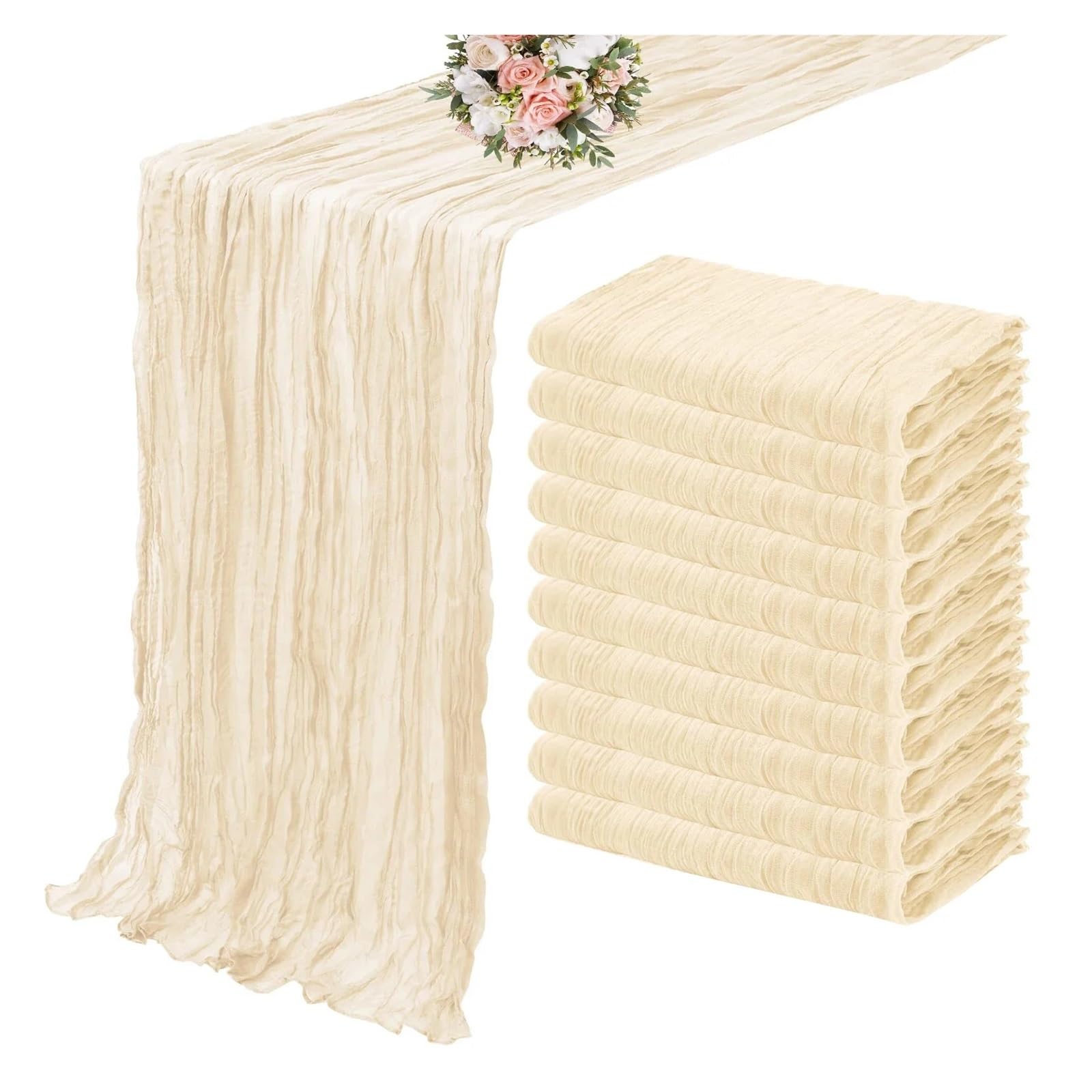Chiffon Table Runner 10PCS Green Gauze Table Runner Setting Dining Wedding Party Banquets(10Pcs cream,90X400cm)