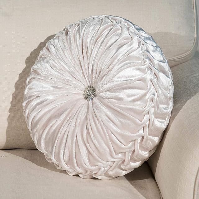 THL Round Filled Cushion With Glittery Stitched Diamond Sofa Cushion Chair Cushion (Light Cream, 35 x 35 cm (14x14Inch))
