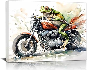 Framed Funny Frog Wall Art 12x16,Frog Riding Motorcycle Canvas Wall Decor | Watercolor Frog Art Poster,Humorous Animal Wall Art Artwork,for Man Cave,Game Room,Living Room,Office,Modern Home Decor