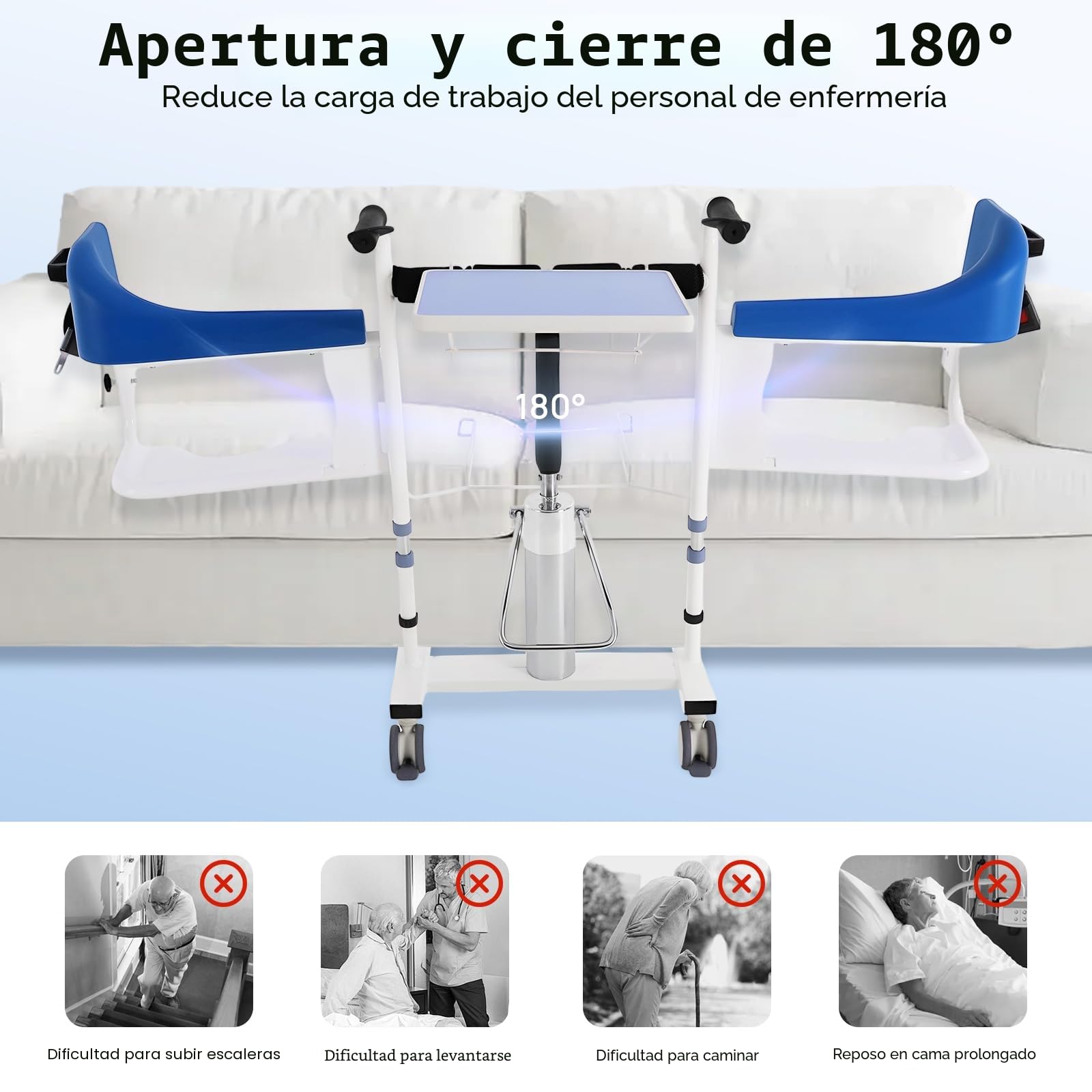 Silla de ruedas hidráulica para pacientes, elevador de pacientes, silla de inodoro ajustable en altura con cómodo reposapiés, cubo de ABS y respaldo plegable de 180° para personas mayores, embarazadas