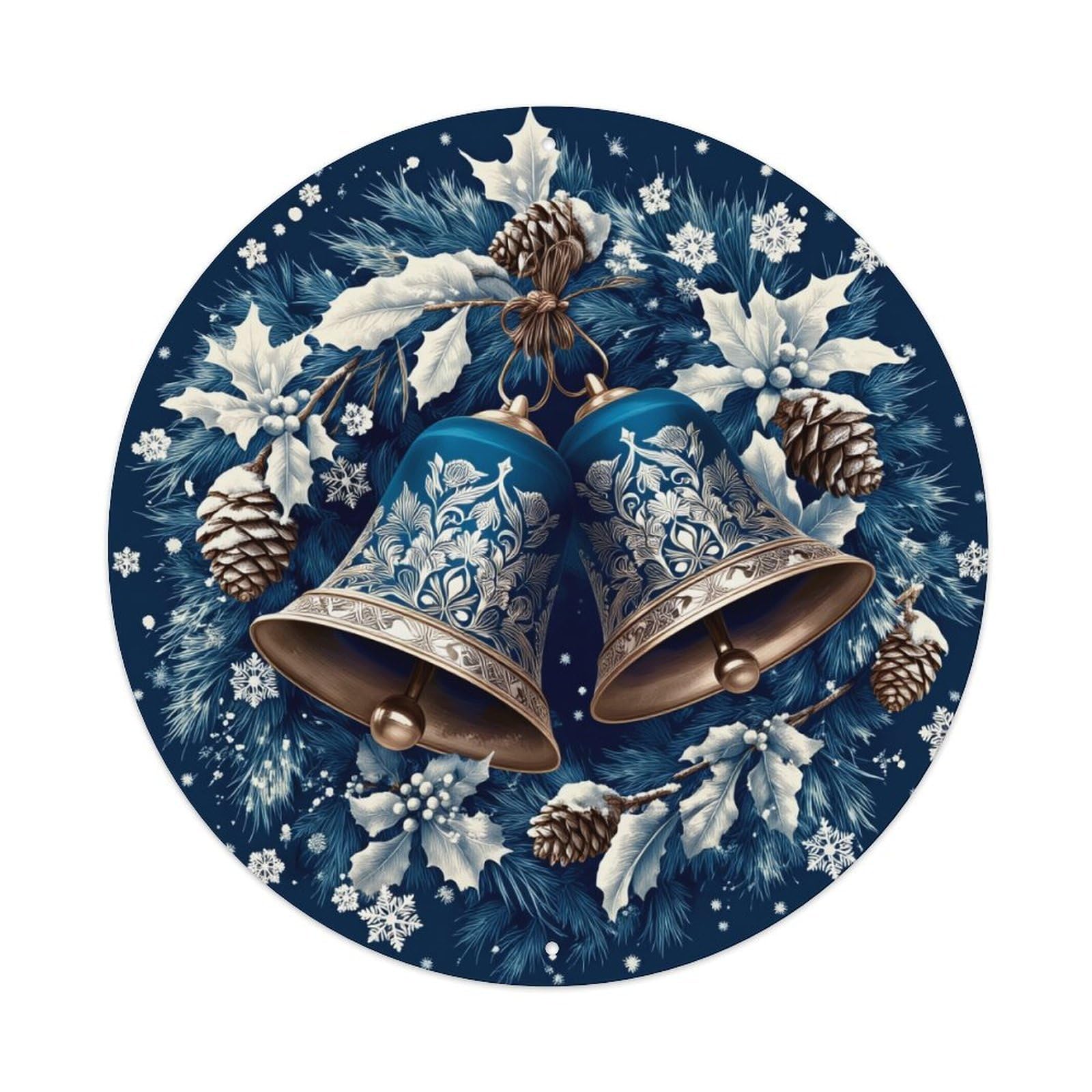 Christmas Bells Snowflakes Pinecones Holly Round Tin Sign Vintage Metal Poster, Home Bar Garage Man Cave Cafe Indoor & Outdoor Wall Decoration 8x8Inches
