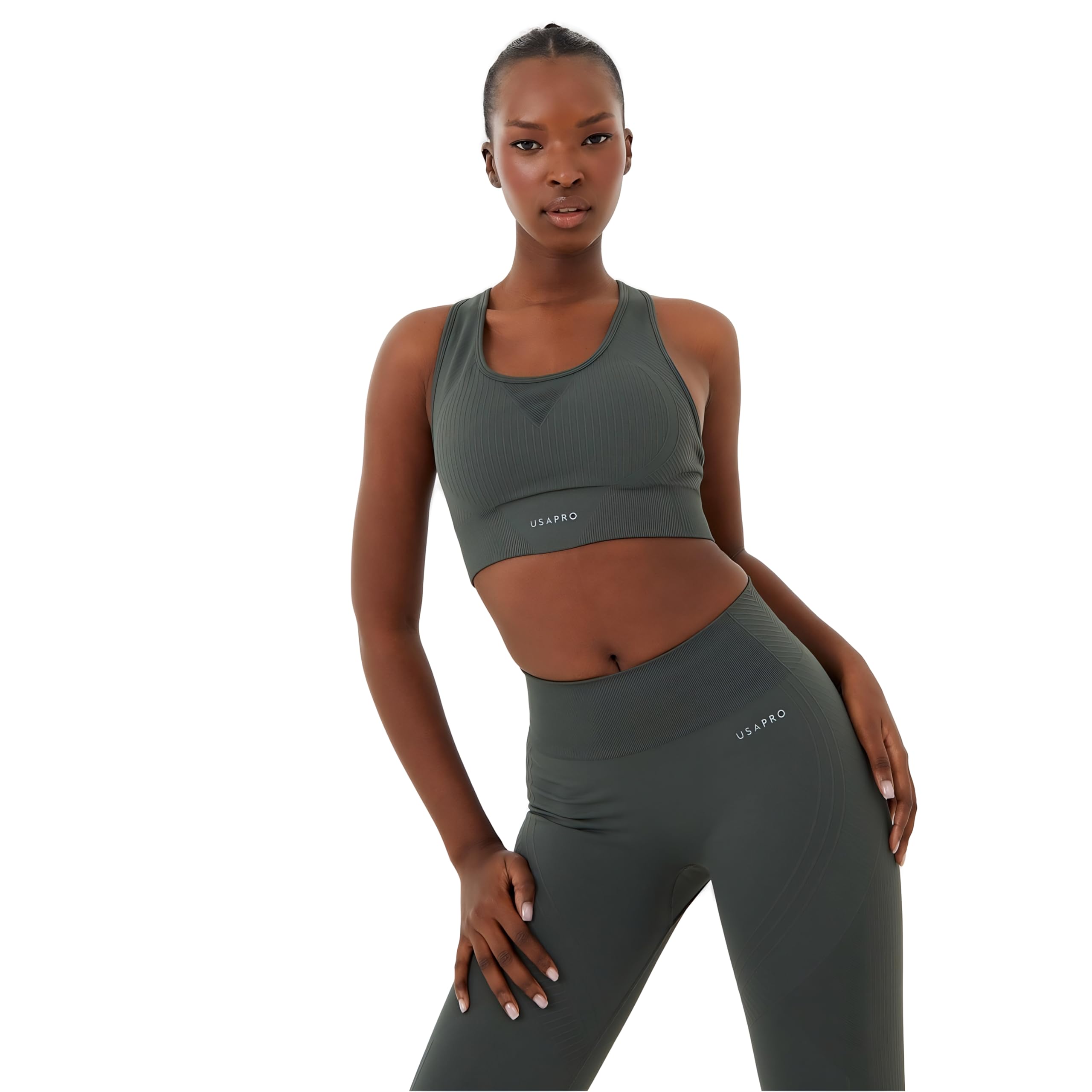 USA Pro Womens Core Seamless Crop Sports Bra Khaki XS