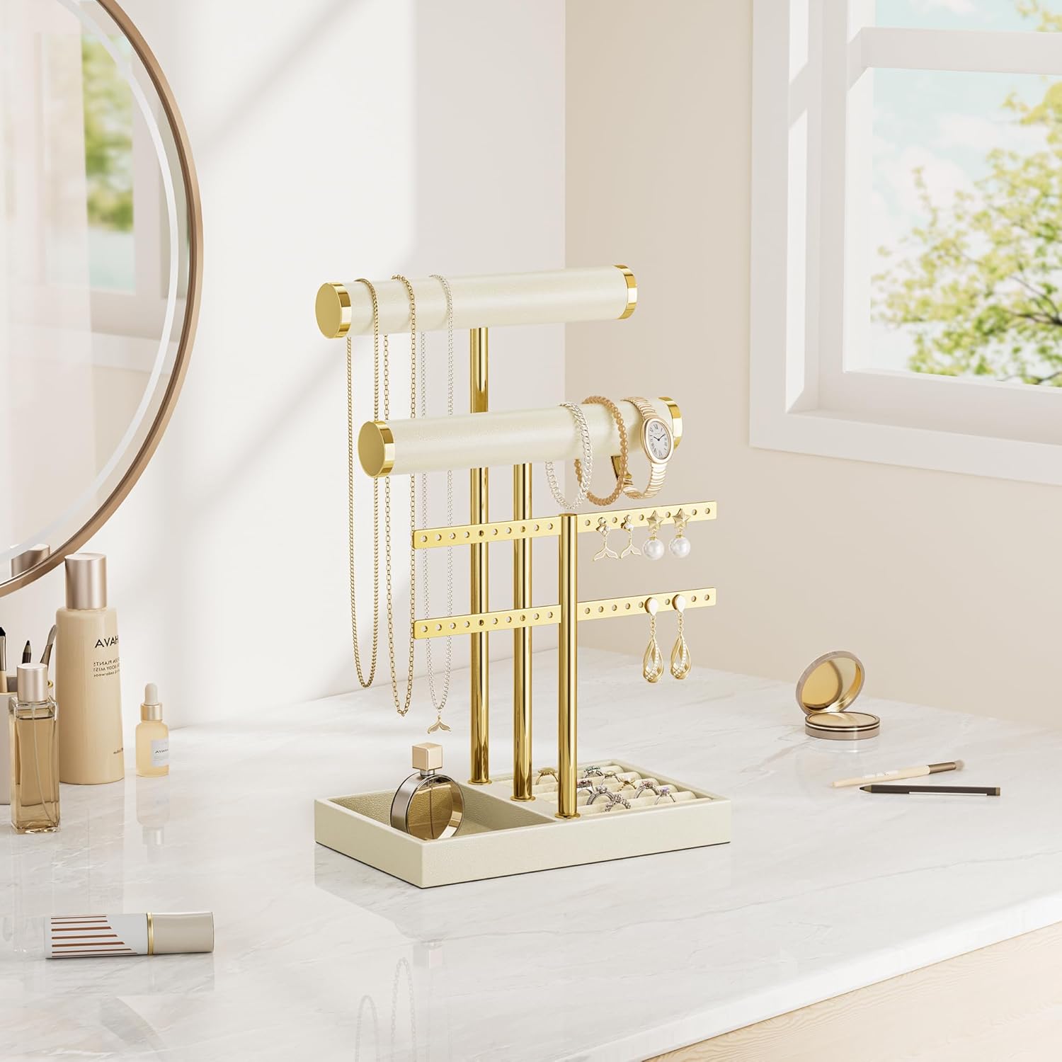 3 Tier Bracelet Holder Display - Beige Leather Bracelet Holder, Detachable T Bar Jewelry Holder Organizer for Bracelet, Necklace, Earrings, Rings, Watches, Bangle - Image 6