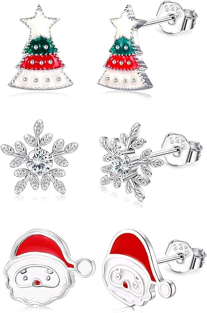 LOLIAS Christmas Earrings 3 Pairs 925 Sterling Silver Christmas Stud Earrings for Women Teen Hypoallergenic Snowman Santa Claus Christmas Tree Snowflake Earrings Christmas Thanksgiving Jewelry Gift