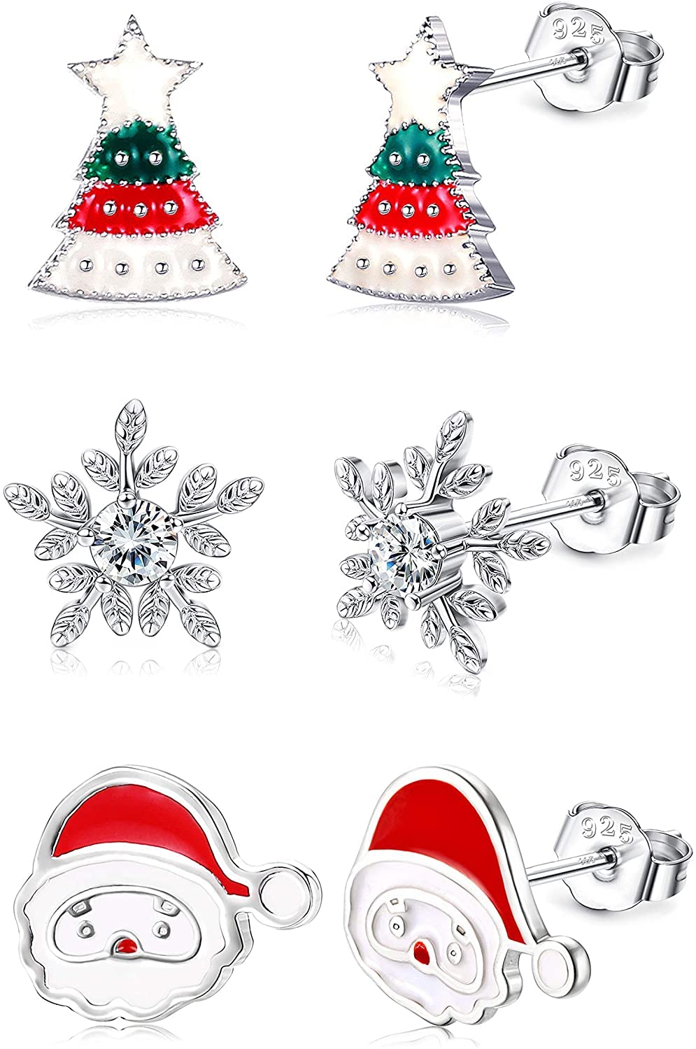 Set 3 Paia Orecchini Natale In Argento 925: Pupazzo Di Neve, Albero E Babbo Natale!