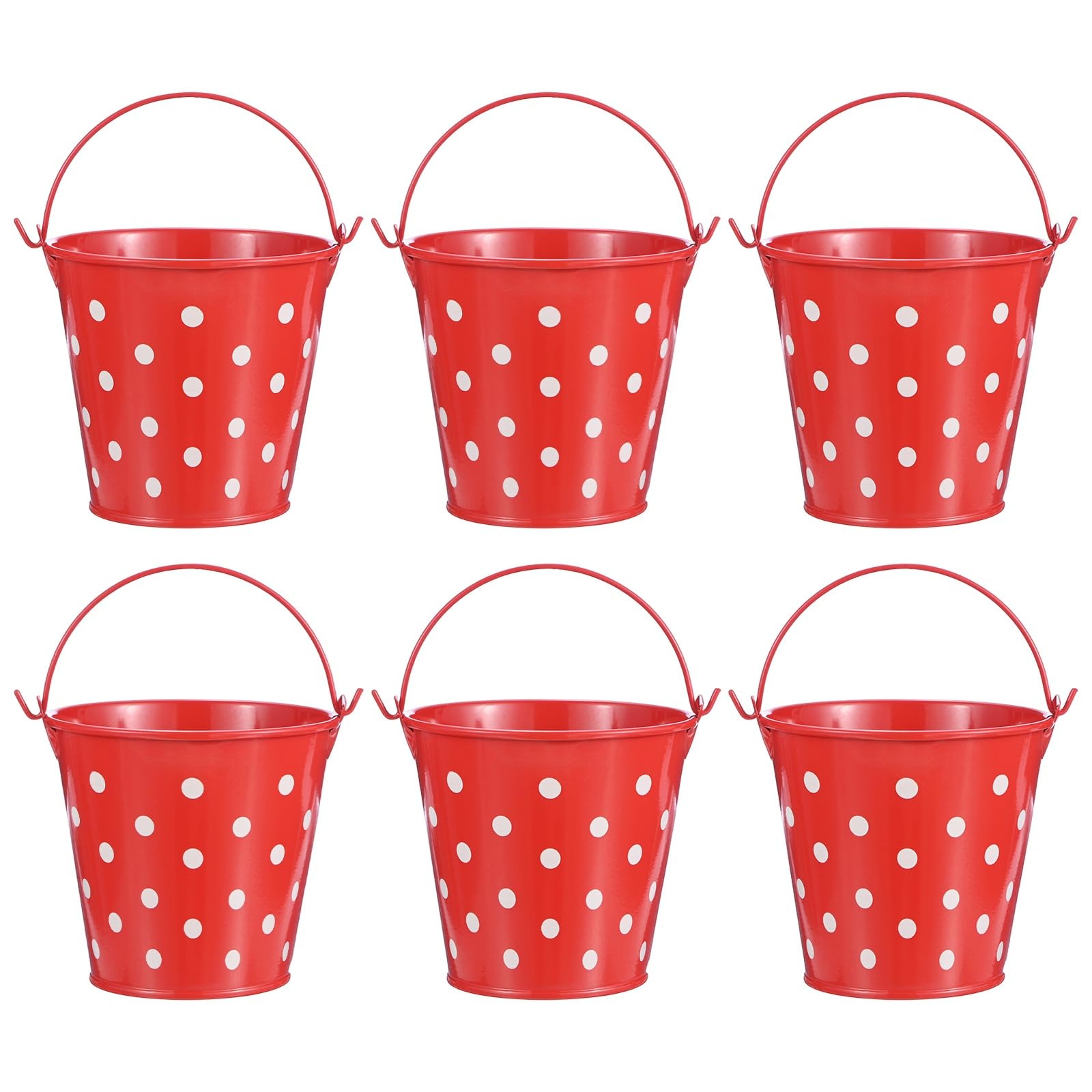 M METERXITY 6-Pack Small Metal Bucket with Handle, 3.9 x 3.5 Inch Iron Mini Buckets for Farmhouse Flower/Garden Planters/Decorative Table Centerpieces [Polka Dots, Red]