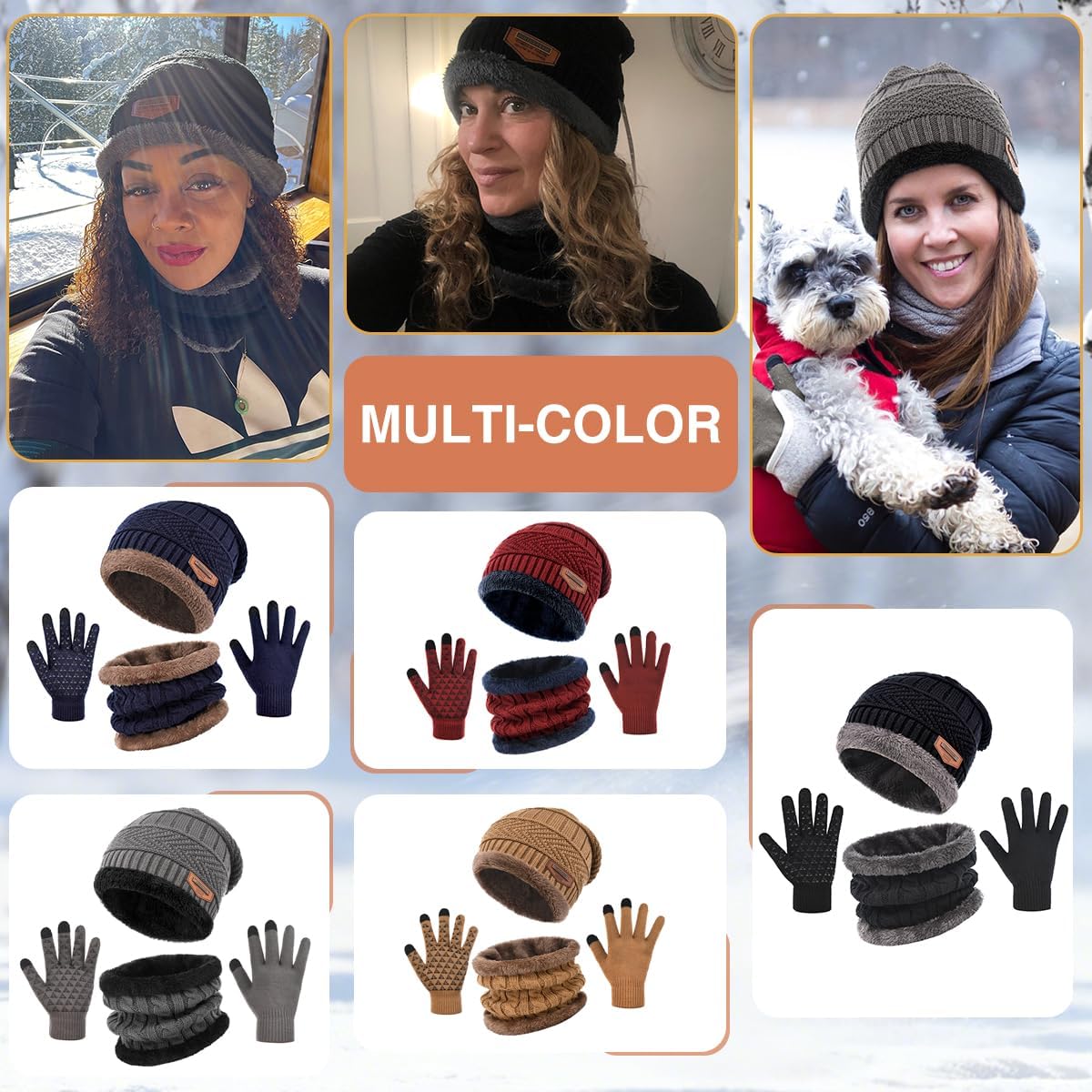 Winter Beanie Hat Scarf Glove Set for Women Snow Knit Thick Fleece Lined Ski Hat,Mens Warm Neck Warmer Touchscreen Mittens - Image 7