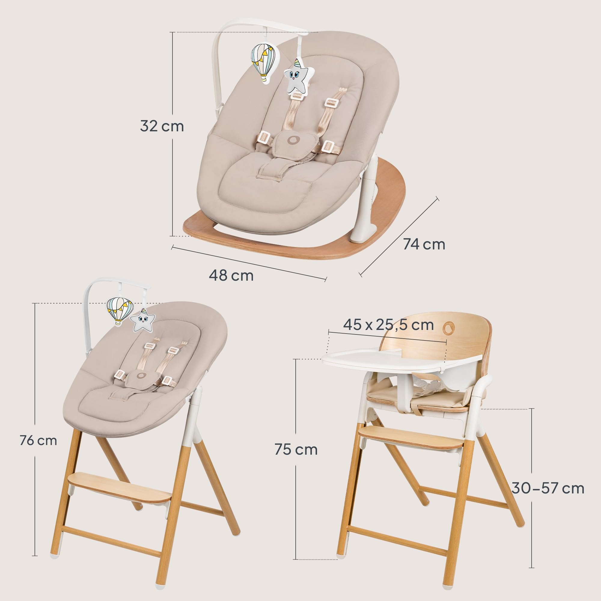 Lionelo Celia Set Chaise Haute Bébé Évolutive 4 en 1 avec Transat Naissance, Réglage à 1 Main, Harnais 5 Points, Plateau Lave-Vaisselle, Chaise jusqu’à 110 kg