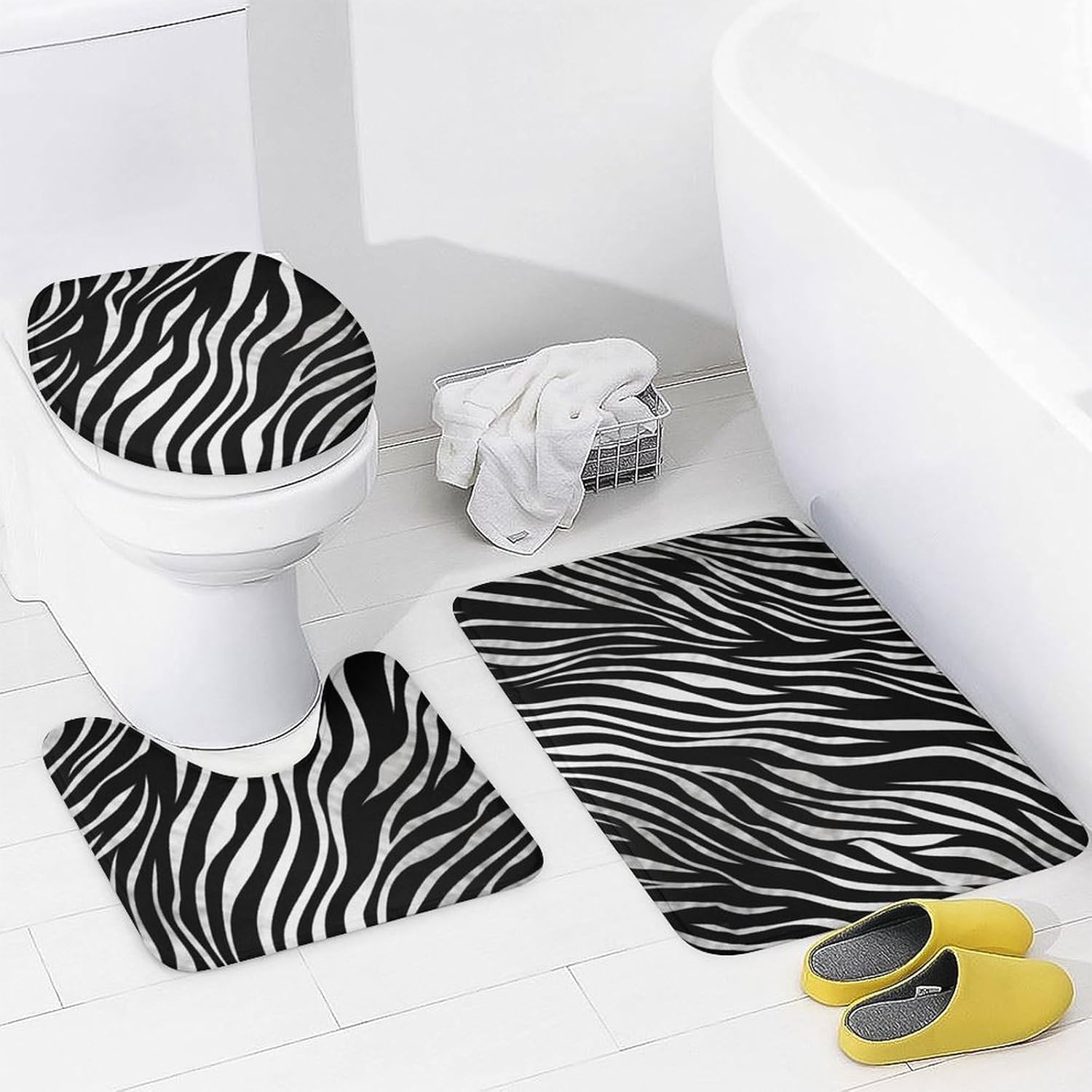 Zebra Print Shower Curtain Set 4 Piece, Non-Slip Bath Mat with Toilet Lid Cover and Waterproof Shower Curtain with 12 Hooks, Complete Bathroom Set for Home Decor