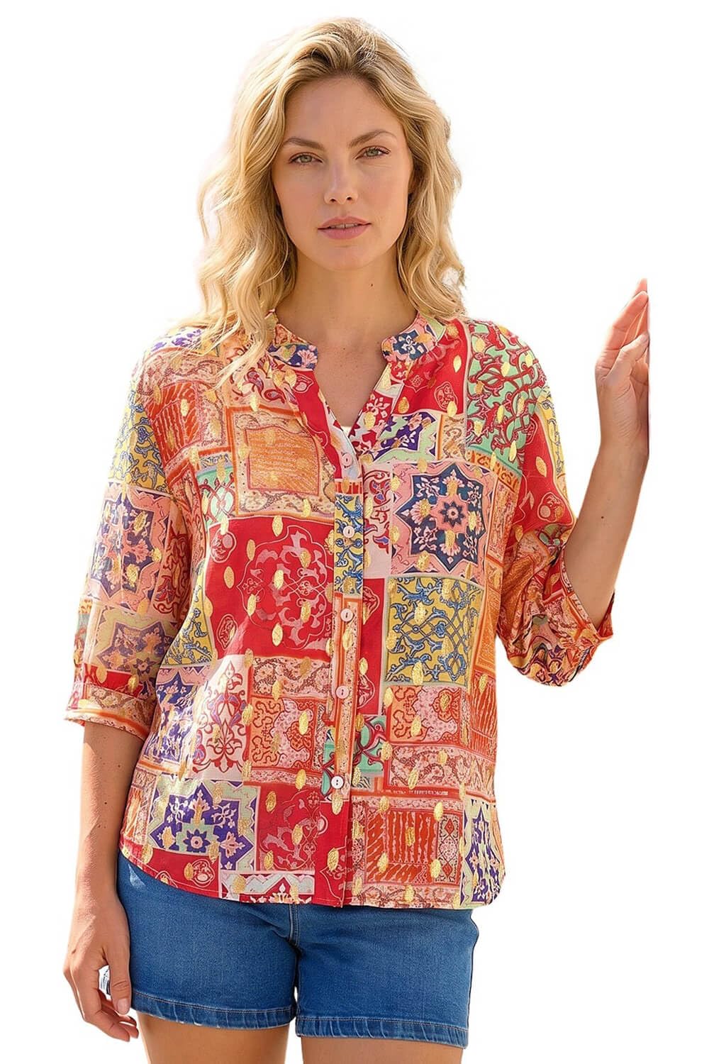 Roman Women's Red Foil Spot Patchwork Print Top In Size 16