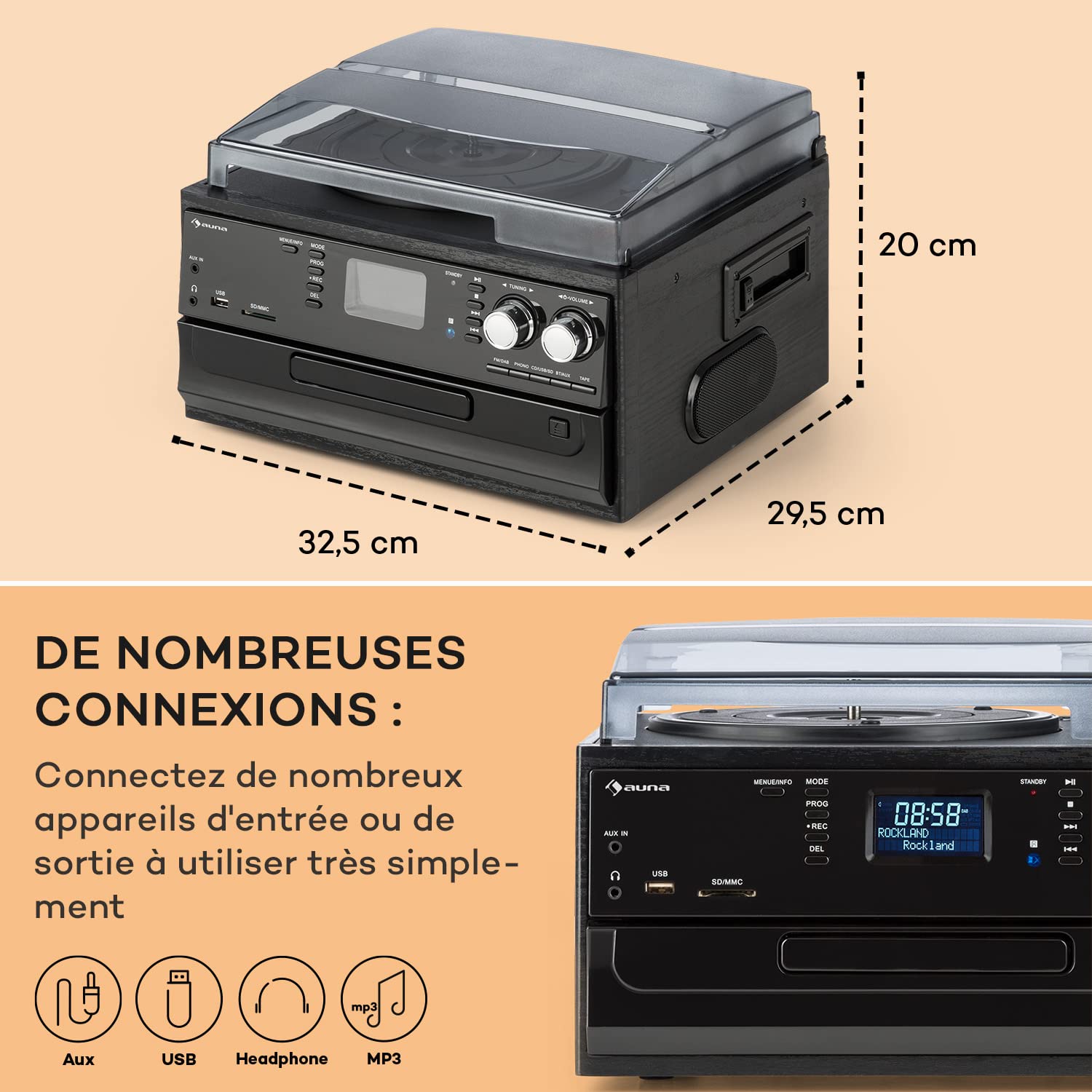 Platine Vinyle Bluetooth Auna Avec Haut-Parleurs - 3 Vitesses (33/45/78 Tours) - Design Vintage