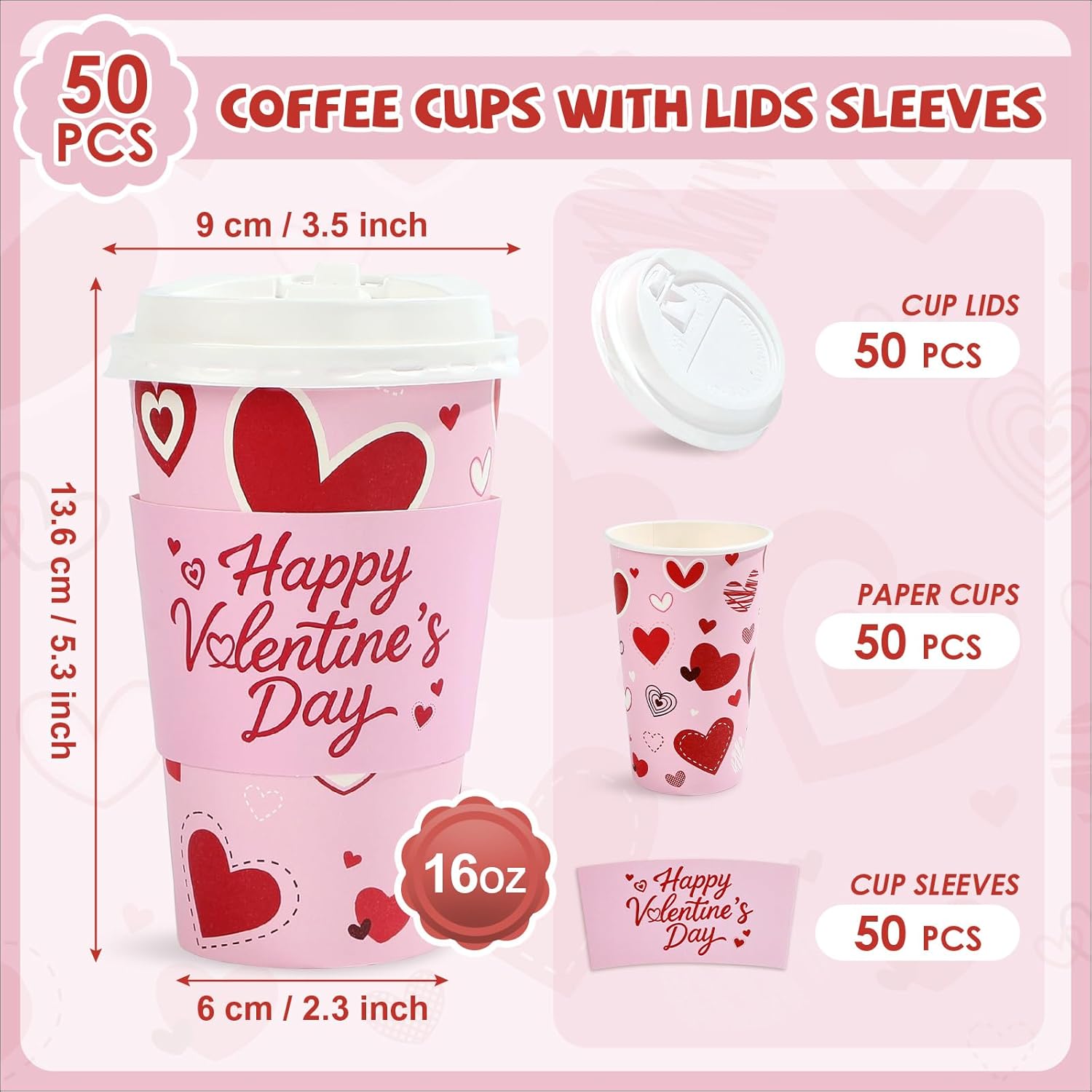 50 Pcs Valentine's Day Coffee Cups 16 oz Disposable Pink Red Heart Paper Drinking Cups Love Heart Coffee Containers for Hot and Cold Beverage Water Juice Cocoa Valentine's Day Wedding Party Supplies