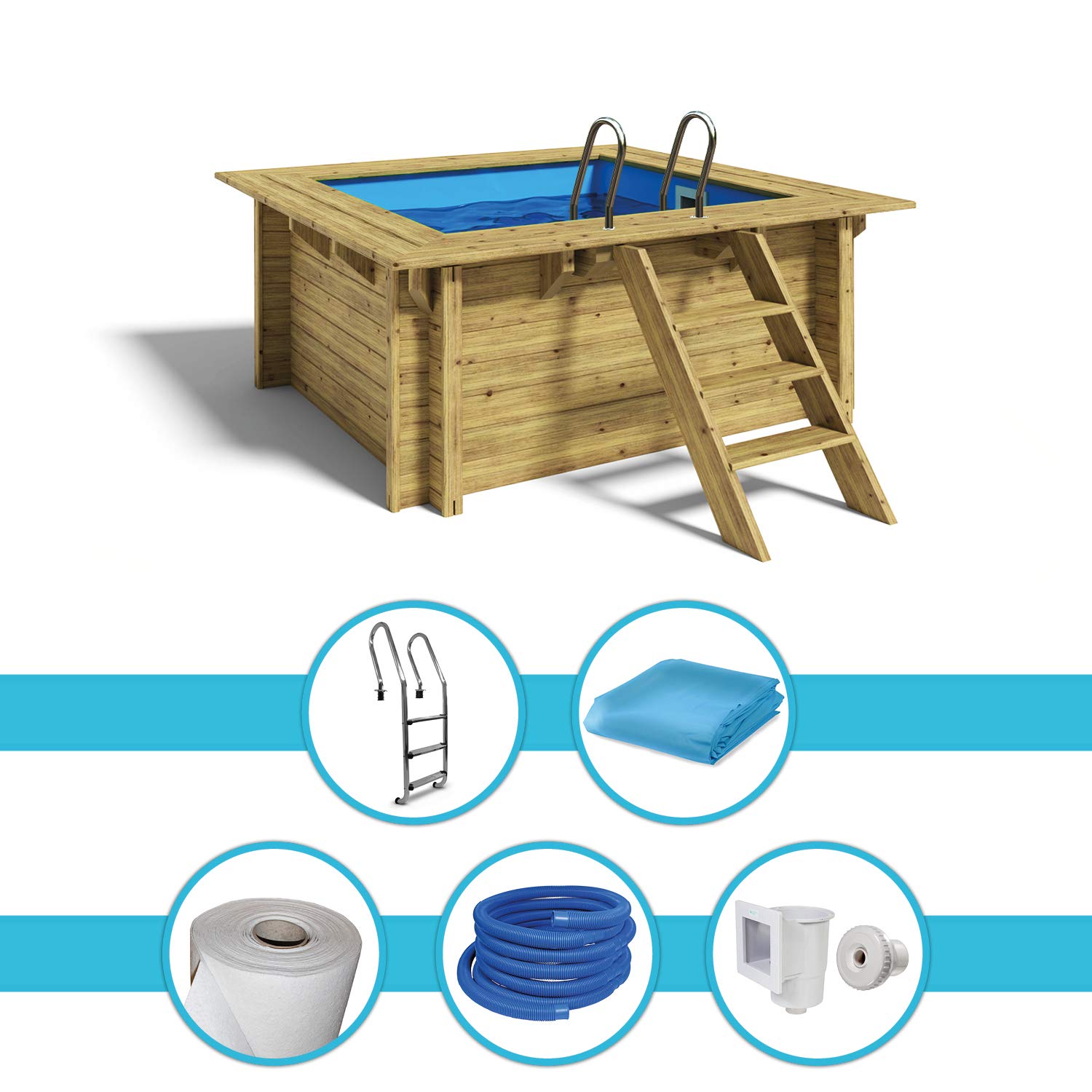 Paradies Pool® Holzpool Lulu Einzelbecken inkl. Zubehör, Edelstahlleiter Tiefbecken, Blaue Folie mit 0,8mm Stärke, Viereck-Pool, 200 x 200 x 104, Menge: 1 Stück