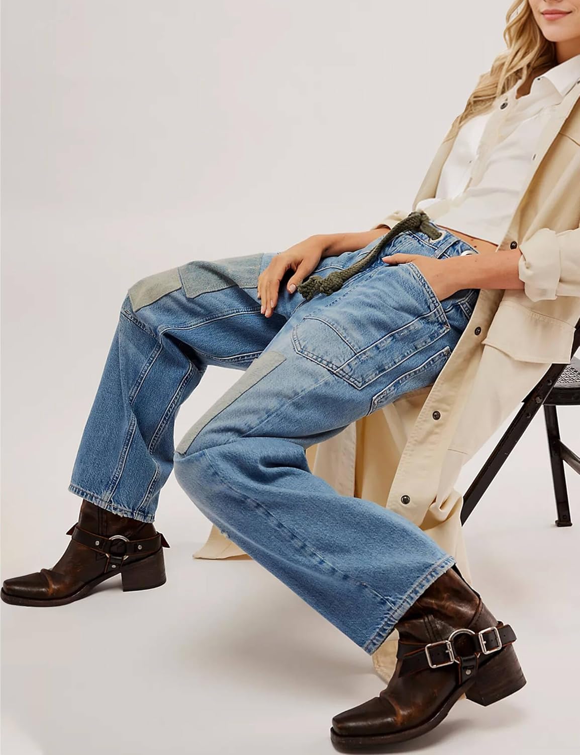 Barrel Jeans Women Trendy Low Rise Drawstring Baggy Jeans Vintage Pant Casual Wide Leg Horseshoe Demin with Pockets - Image 2