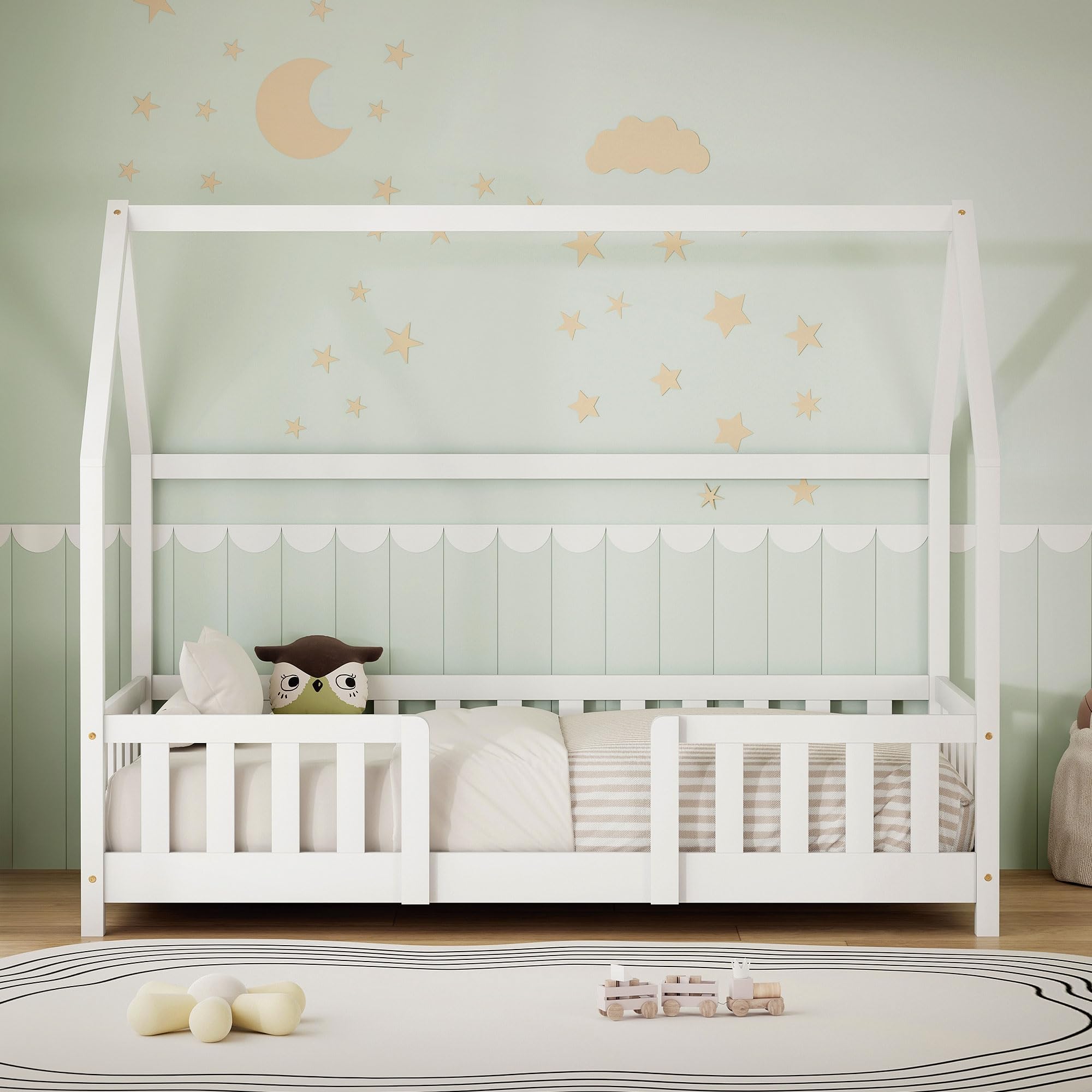 ML-Design Kinderbett Hausbett 80x160 cm mit Rausfallschutz, Dach & Lattenrost, Weiß, Bettgestell aus massivem Kiefernholz, Montessori Bodenbett, Holzbett für Mädchen & Jungen, Jugendbett, Einzelbett