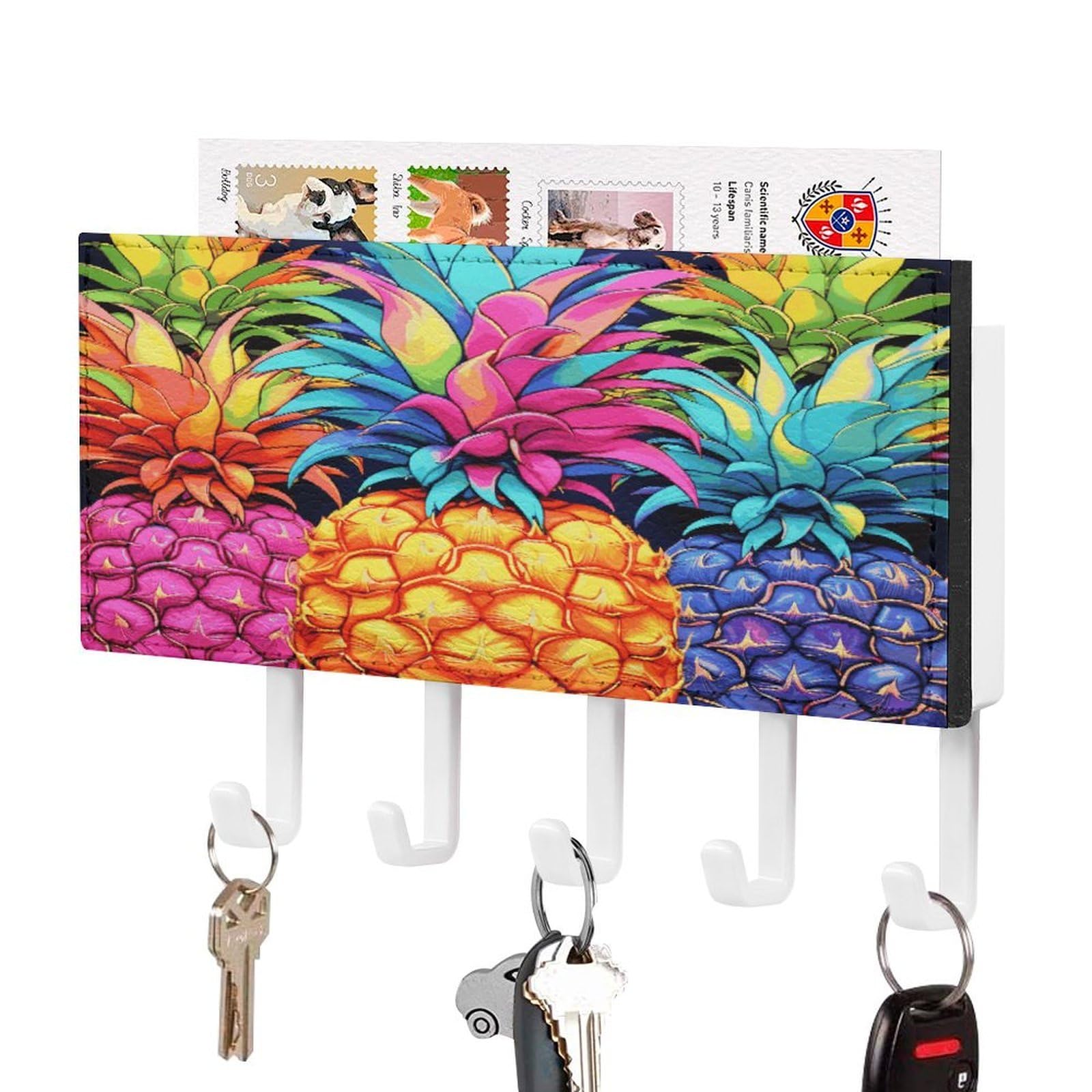 FekiLoot Colorful Pineapple Key Holder for Wall Decorative Mail Organizer with 5 Key Hook Self Adhesive Key Rack with Tray Coat Rack Wall Mount Key Hanger Decor for Entryway Door