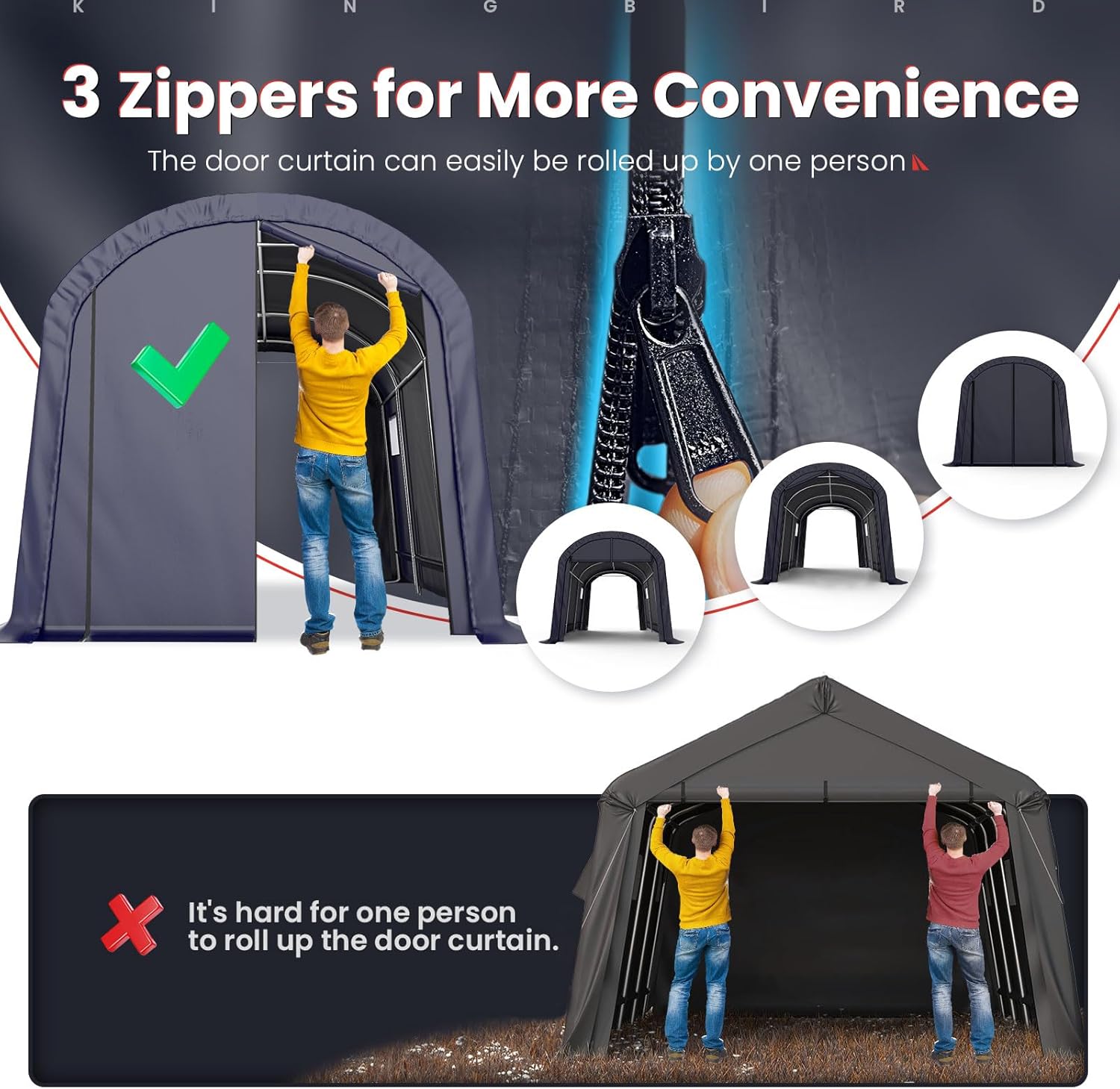 Person rolling up the three-zipper door of the shelter