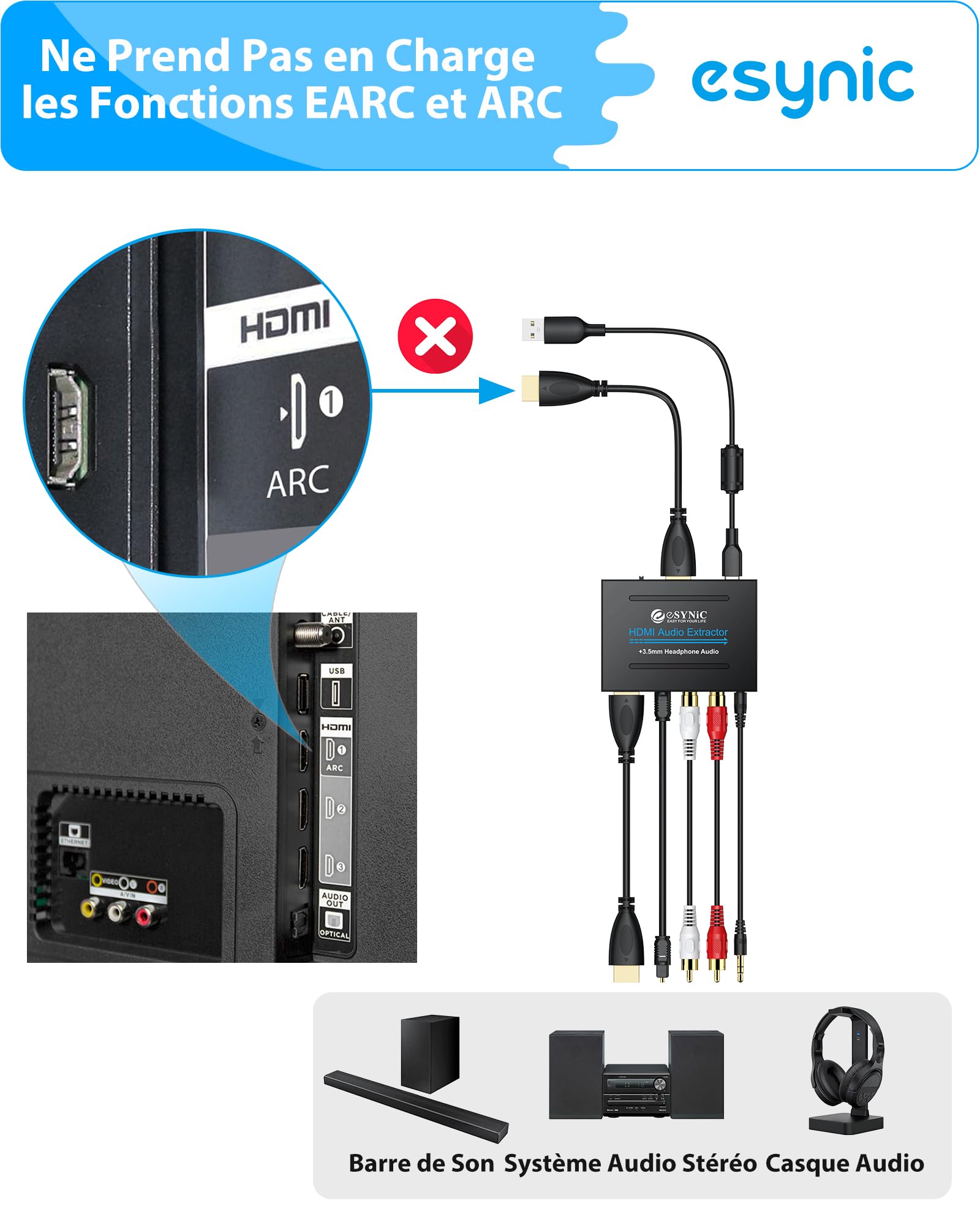 eSynic Extracteur HDMI Audio 4K 1080P Adaptateur vers HDMI Optique TOSLINK Sortie Audio Analogique SPDIF/Stereo L R/3,5mm Convertisseur avec Interrupteur de Puissance pour DVD XBOX Moniteur