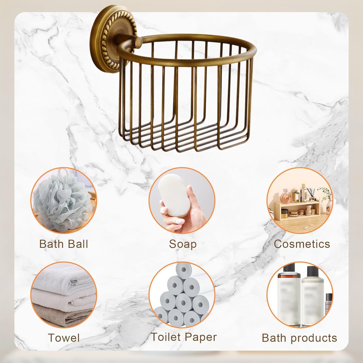 Vintage Toilet Paper Holder Wall Mounted Bathroom Roll Tissue Wire Basket, Antique Brass