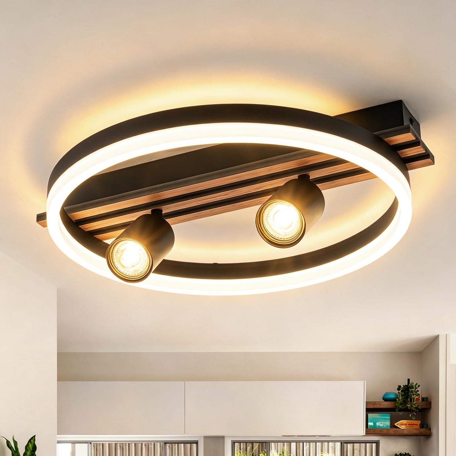 LED Deckenleuchte für Schlafzimmer, 48x40cm schwebender Ring | mit 2x GU10 Strahlern (ohne Leuchtmittel), Holzmaserung, 16W 4000K Neutralweiß, Energieklasse B, Ideal für Flur