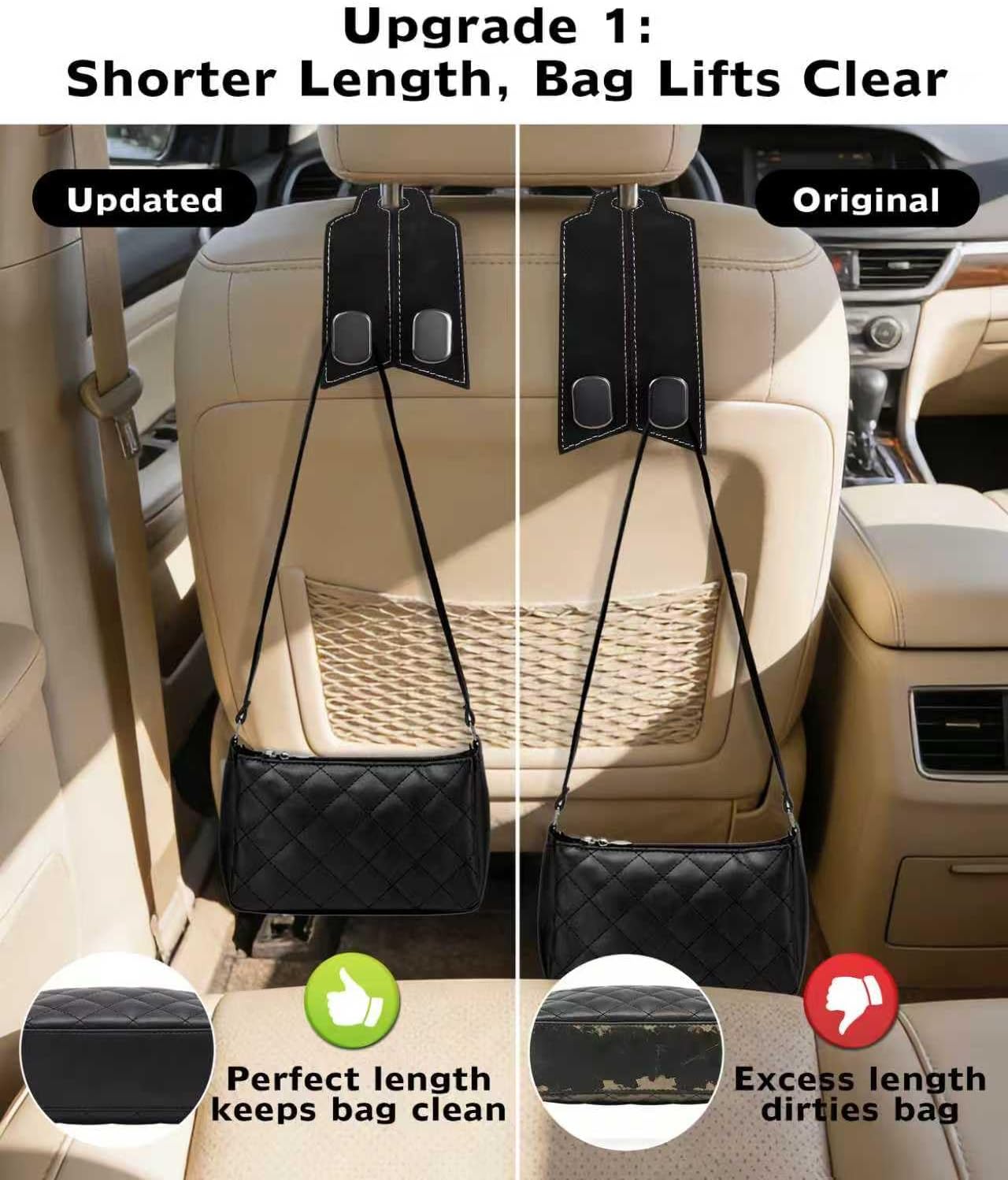 Purse Hook for Car 2PCS, Hooks for Seat Headrest Purse Hanger 100% Metal & Premium Leather 2026 Latest Car Organization Accessories for Bags, Clothes, Phones etc