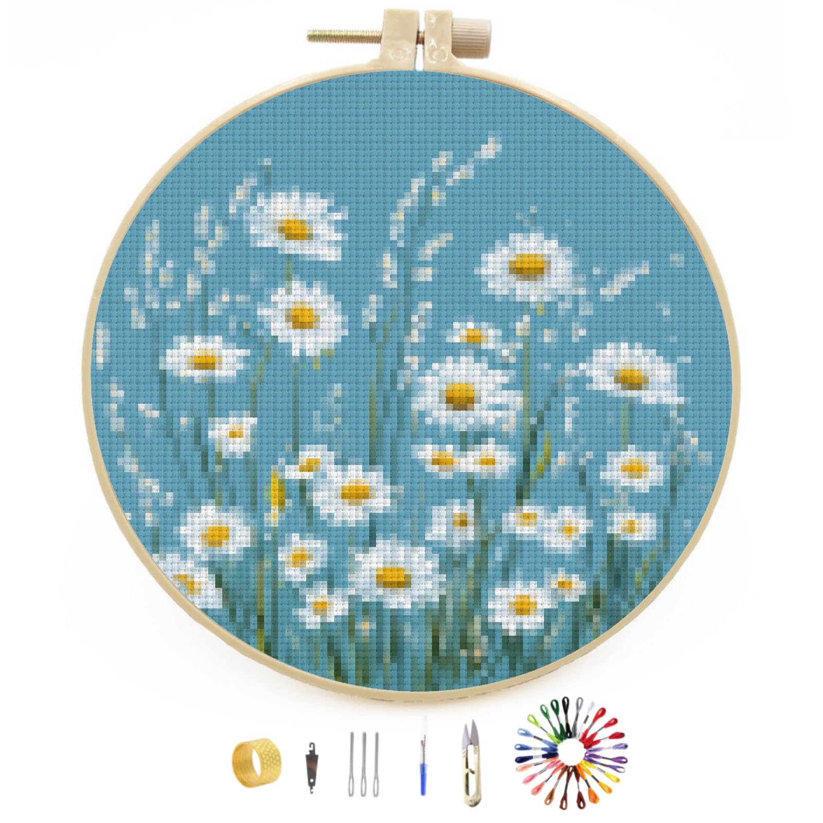 DIY Stamped Cross Stitch Kits Little Wild Daisy Flowers Easy for Beginners with Hoop 11CT Counted Embroidery Needlepoint Crafts Arts for Handmade Enthusiasts and Home Decor 30x30cm(3)