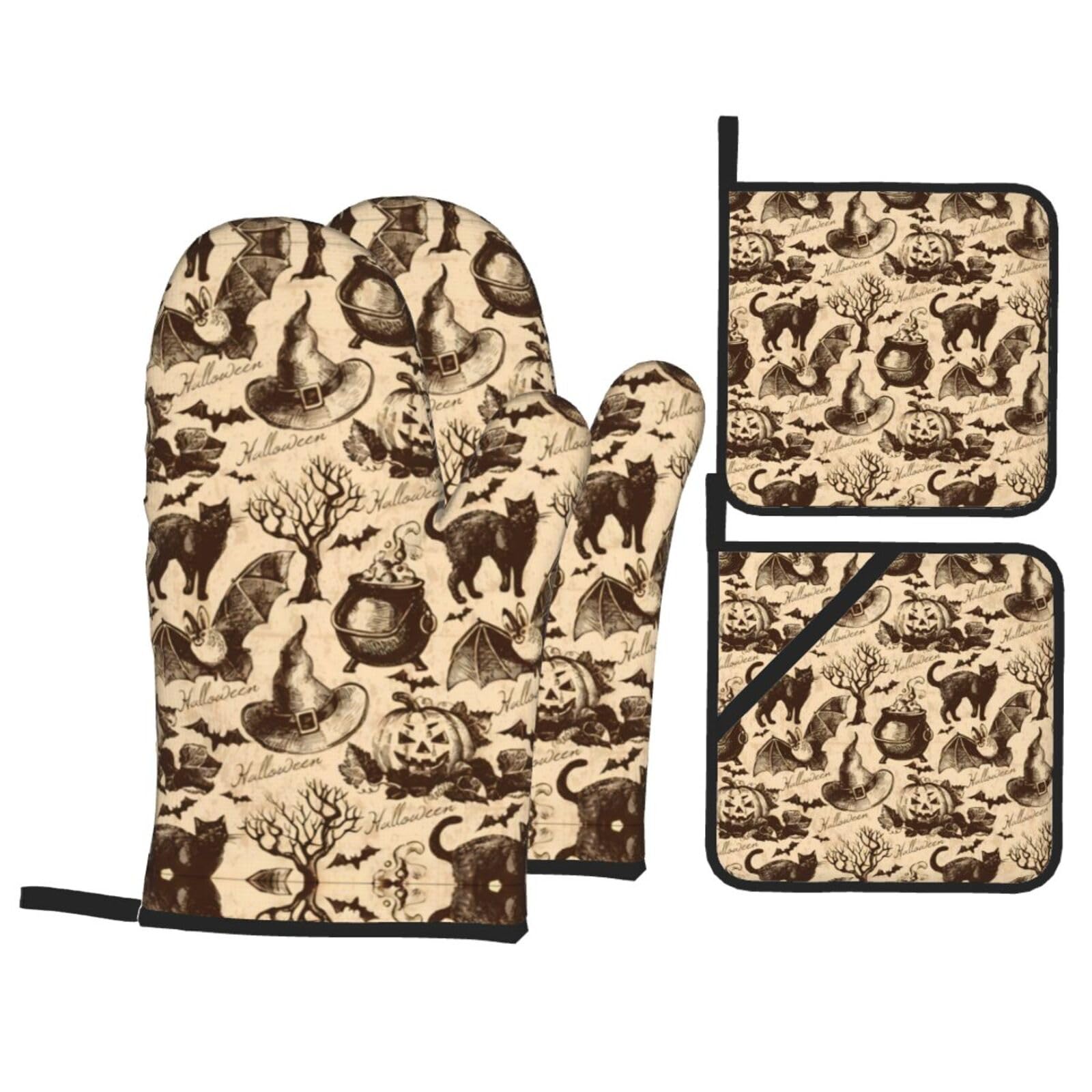 Witch Hat Printed Baking 4-Piece Set, includes oven mitts and a heat-resistant mat, suitable for oven and BBQ use