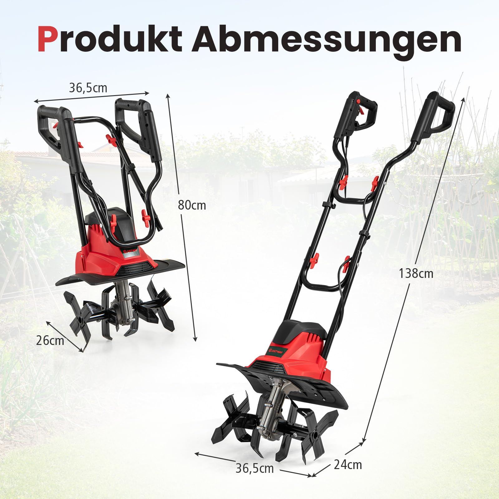 COSTWAY Motorhacke elektrisch, 1200W | Arbeitsbreite 36 cm | Arbeitstiefe 22 cm | 380 U/min, Elektro Bodenhacke mit Schutzschalter & Handgriff, klappbarer Gartenfräse (36,5 x 24 x 138 cm,Rot)