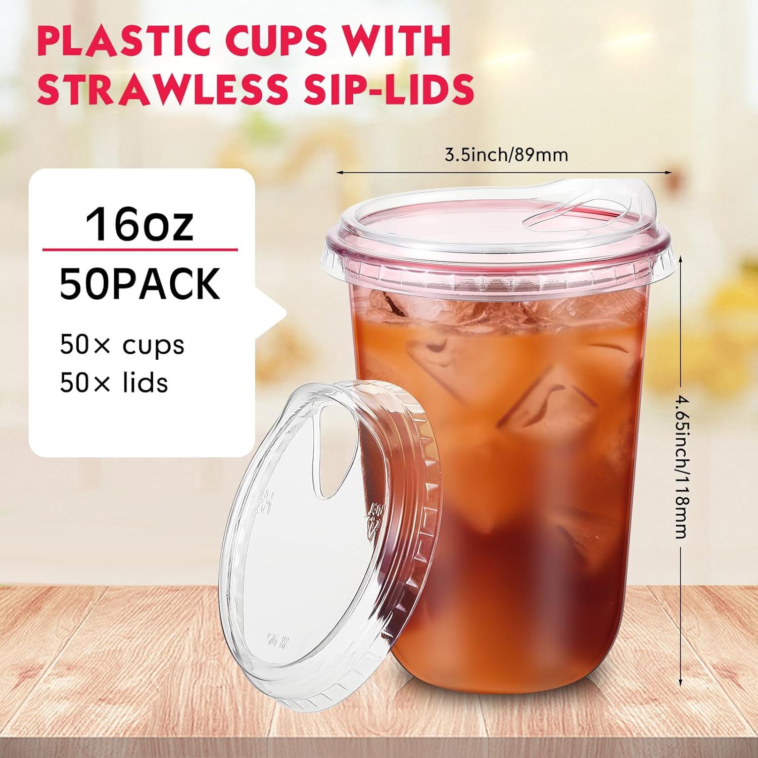 Baderke 50 Pcs Round Bottom Plastic Cups with Sip Lids Clear Disposable Iced Coffee Cups for Smoothie Cold Beverage Coffee Shops and Party Catering(16 oz,Pink) - Image 3