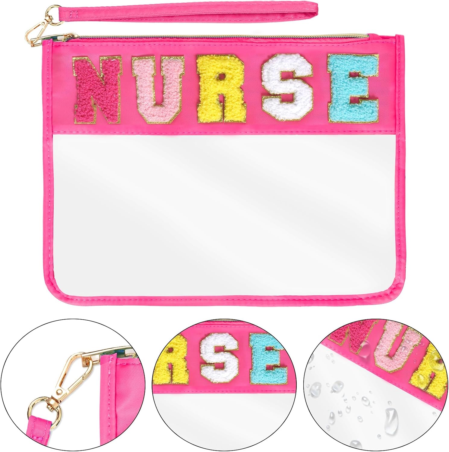 Chenille Letter Bag, Multi-purpose Nylon Clear Makeup Cosmetic Bags Flat Pouches with Zipper for Travel, Gym, Beach (Red-Nurse) image 3