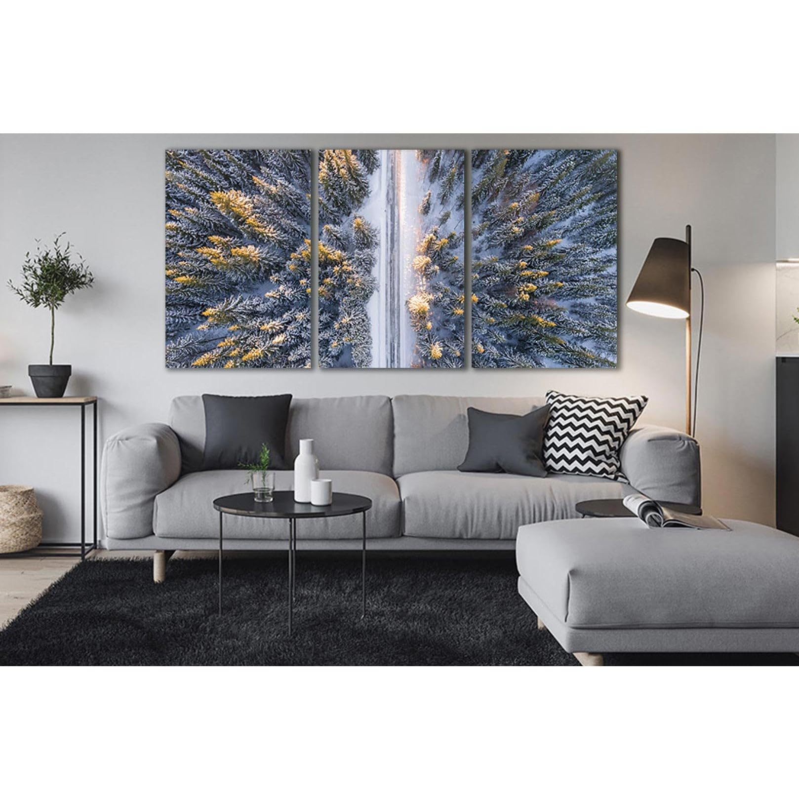 Lienzo de bosque de invierno para decorar tu comedor con un cuadro tr&iacute;ptico grande de 200x100 cm 3