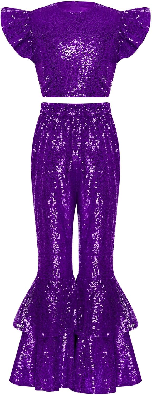 Hularka Sequin Two Piece Set for Girls Fly Sleeve Crop Top Bell Bottom Pants Sparkly Disco Dance Outfit