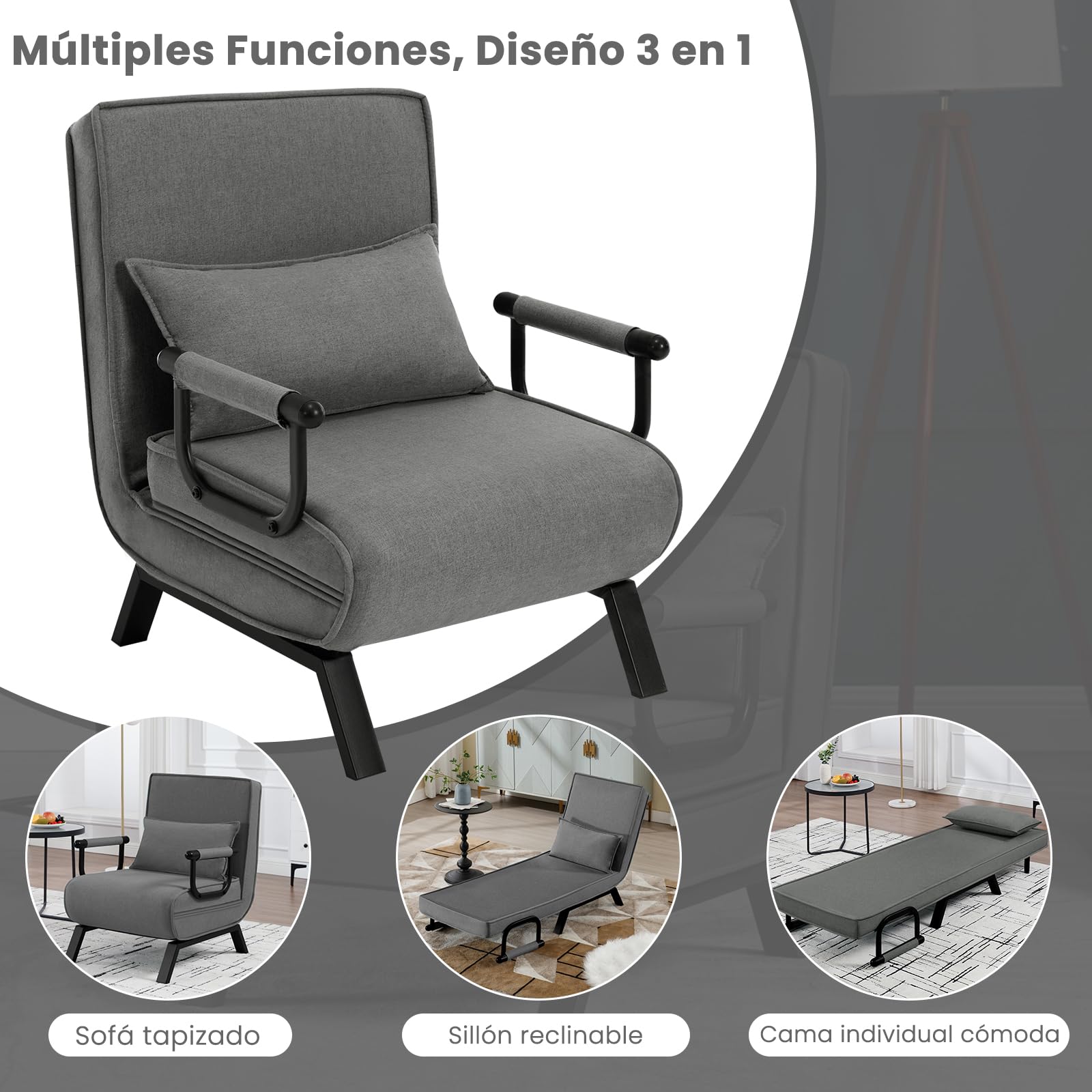 WOLTU Sofá Cama, Sillón Reclinable con Respaldo Ajustable, Puff Cama 1 Plaza, Butaca de Salón 3 en 1, Sillon Cama Individual con Almohada y Reposabrazos, Lino, 65 x 75 x 78cm, Gris Oscuro