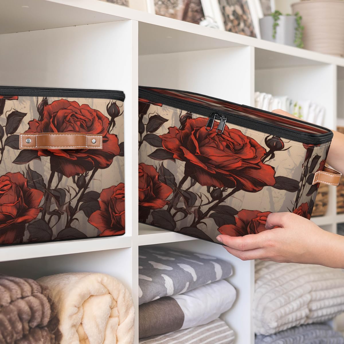 Storage Bin Set of 2 Red Rose Storage Basket with Zipper Lid & Handle Foldable Closet Shelf 2 Pack Cloth Organizer Basket Cube Bins Clothes Organizer for Bedroom, Nursery