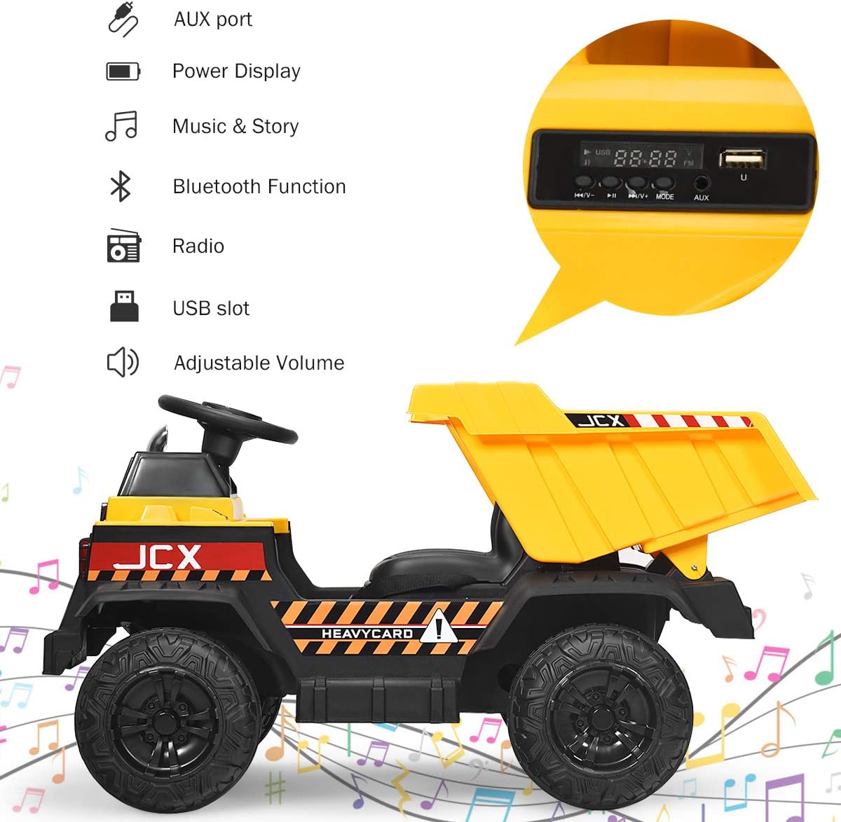 Costzon Ride on Car, 12V Ride on Dump Truck w/Remote Control, Electric Dump Bed, Music, Horn, USB, AUX, Treaded Tires, Shovel, 3 Speeds, Battery Powered Construction Vehicle, Electric Car for Kids