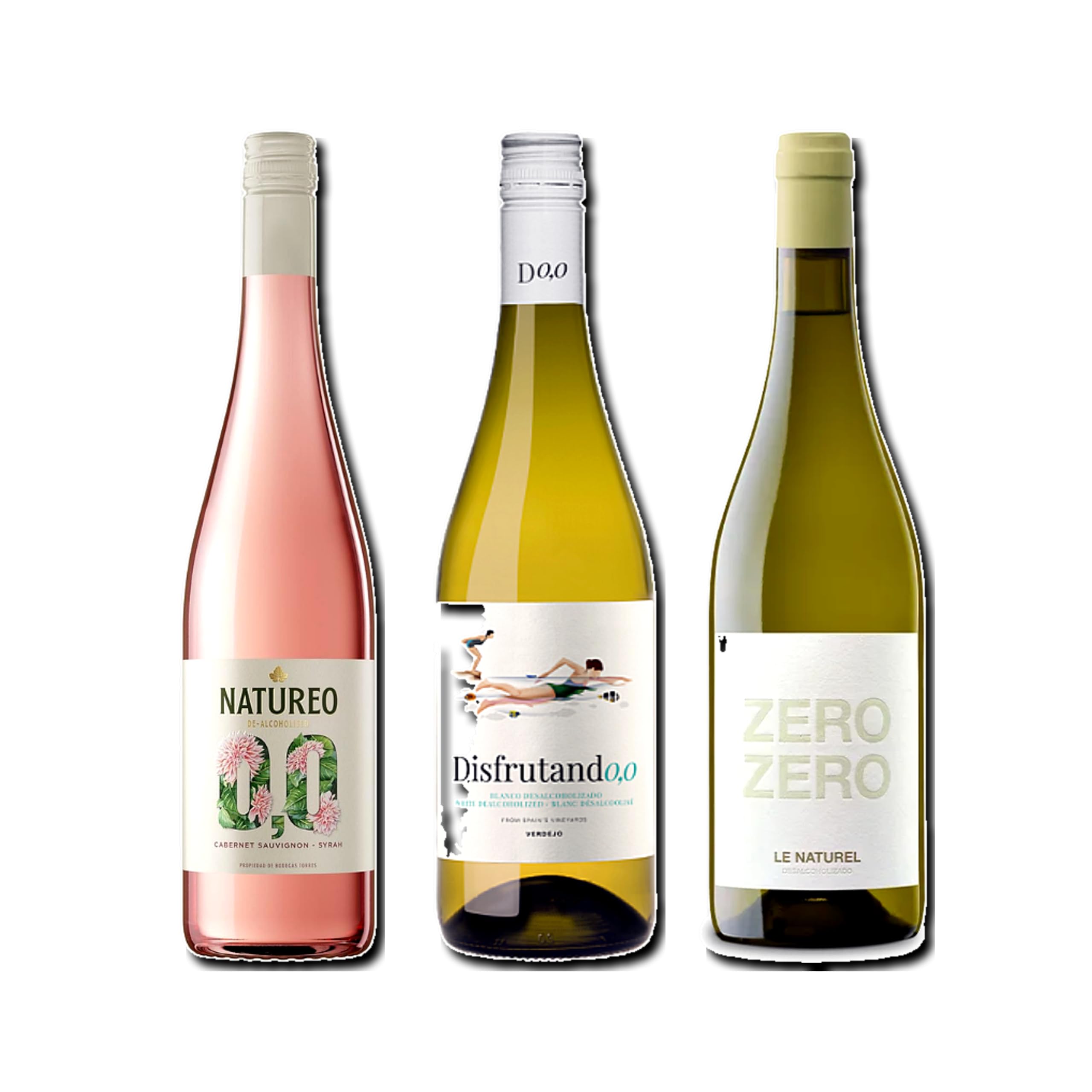 vino sin alcohol 0,0 Natureo Rosado, Disfrutando 0,0 Blanco y Zero Zero Le Naturel Blanco pack de 3 botellas 75cl
