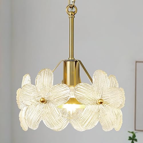 Modernas luces colgantes de cristal para isla de cocina con pantalla de pétalos, lámparas colgantes de oro cepillado, luz colgante ajustable para