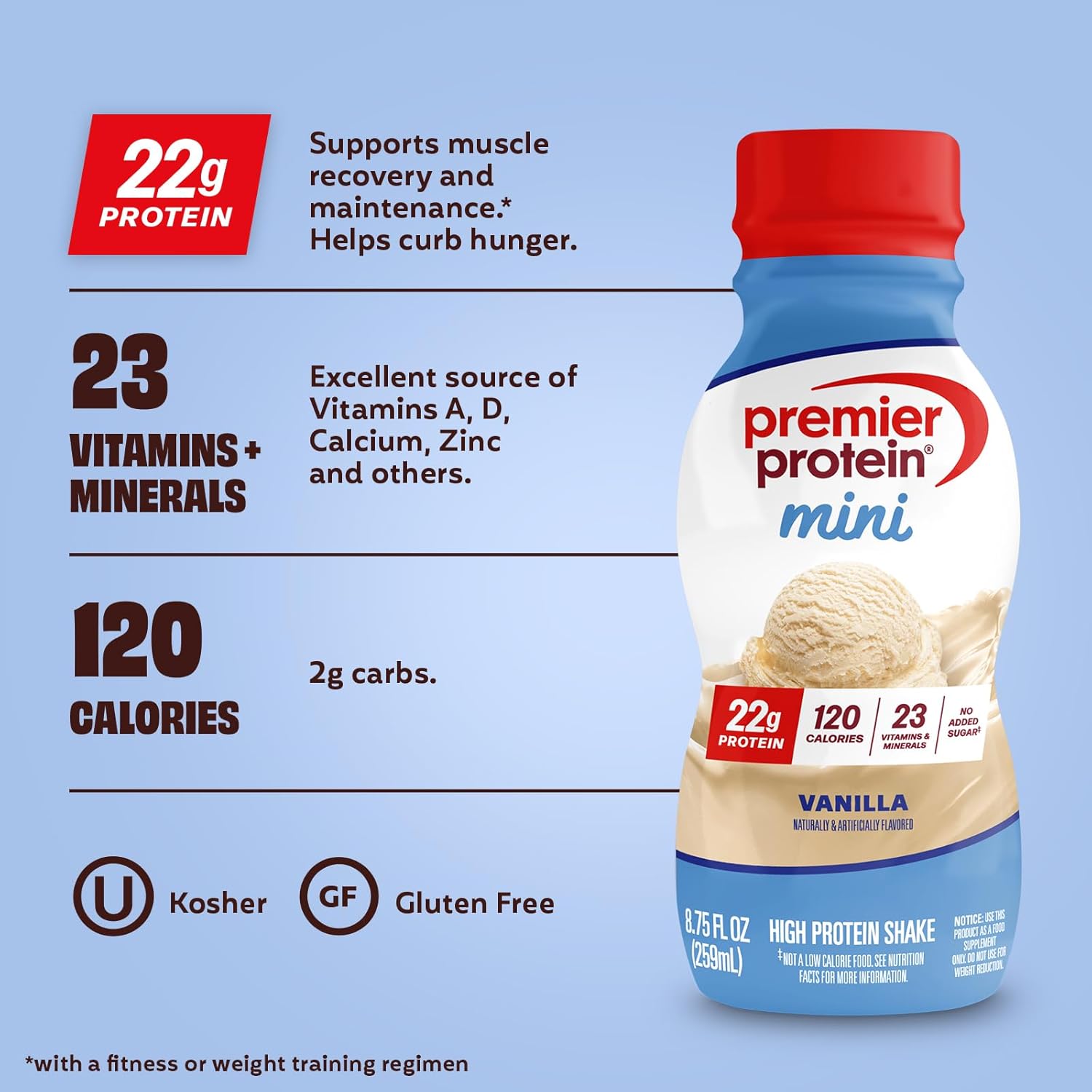 Premier Protein Shake MINIs, Vanilla, 22g Protein, 120 Calories, No Added Sugar, 8.75 fl oz, 12 Pack