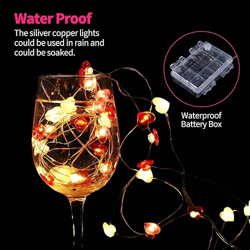 Miniatura 3 de Decoración del día de San Valentín de 16.4 pies, 50 luces LED en forma de corazón, luces parpadeantes en rojo, rosa, blanco, control remoto, 8 modos