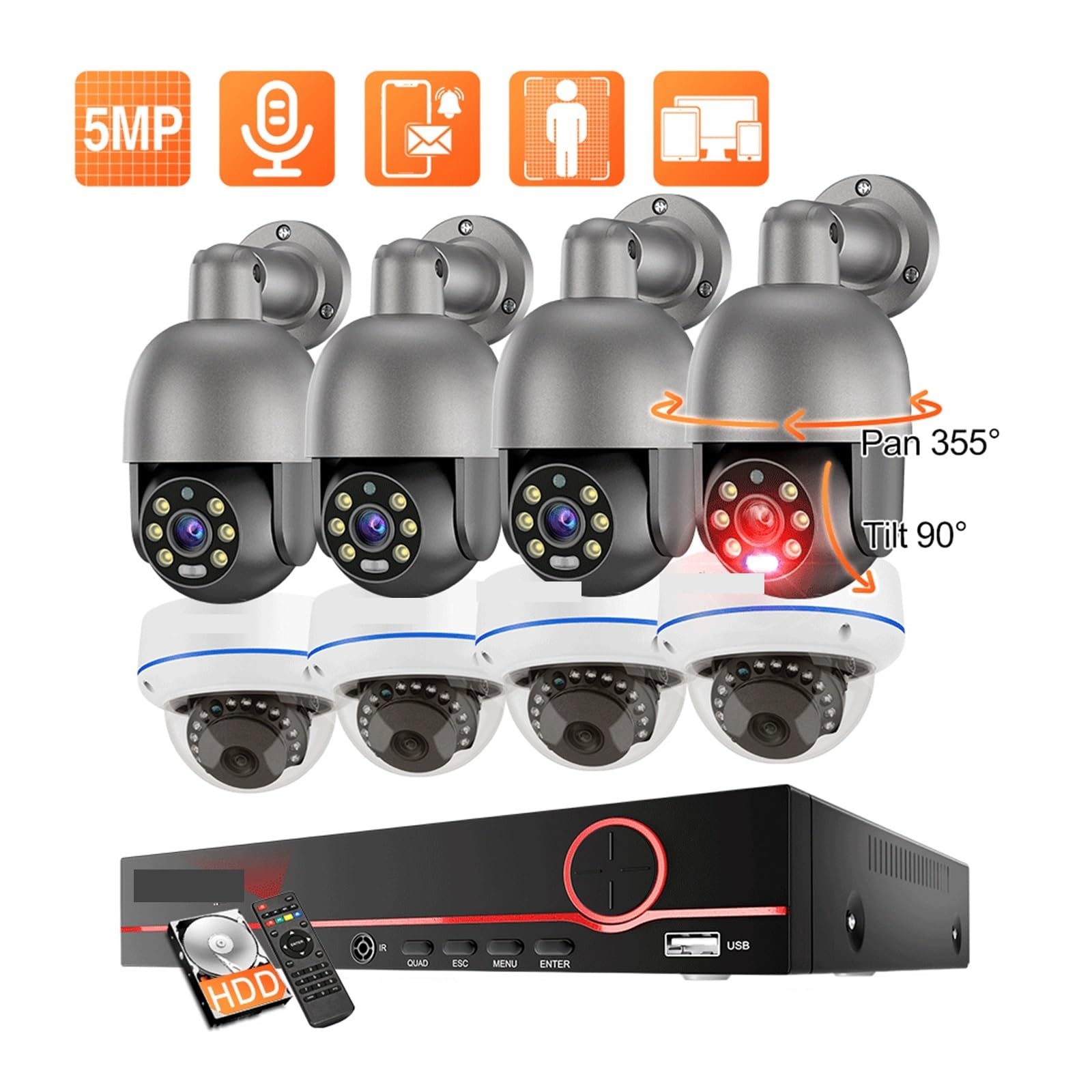 Système de caméra de sécurité CCTV PoE 8CH 5MP, dôme PTZ, Audio(None,8CH NVR 8 Camera)