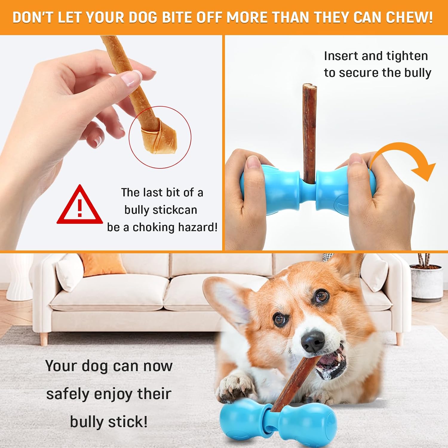 Bully Stick Holder - Improved Dog Treat Chew Holder,Fits Various Bully Sticks,Durable Safety Hold Device to Prevent Swallowed Ends and Choking, Large/Blue. image 2