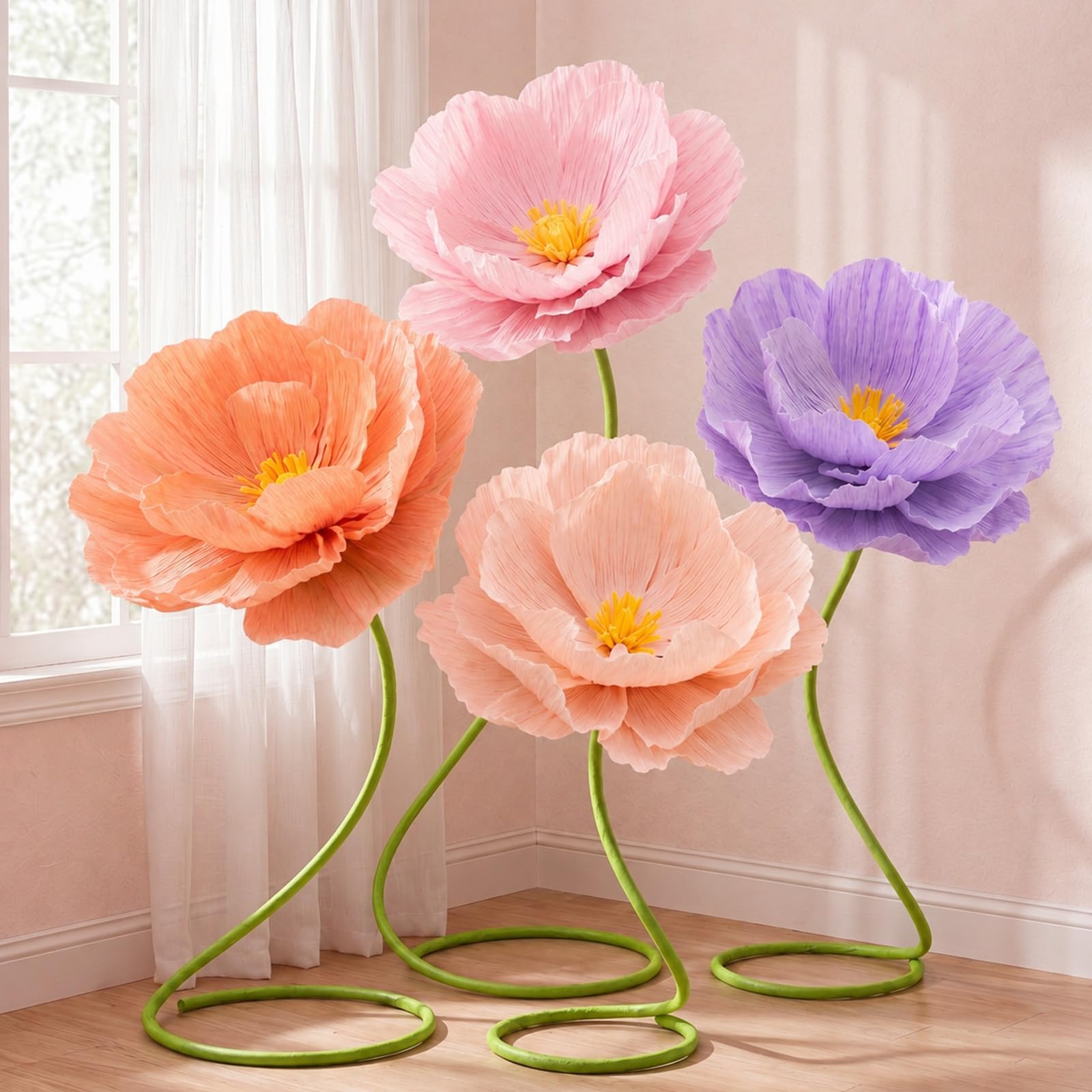 Photo 1 of Maysing 4 Pcs 5ft Mix Color Large Poppy Flowers Giant Artificial Poppy Standing Huge Handcrafted Decoration for Garden Hotel Office Birthday Wedding Bridal Shower Art Gallery Shop Window Display