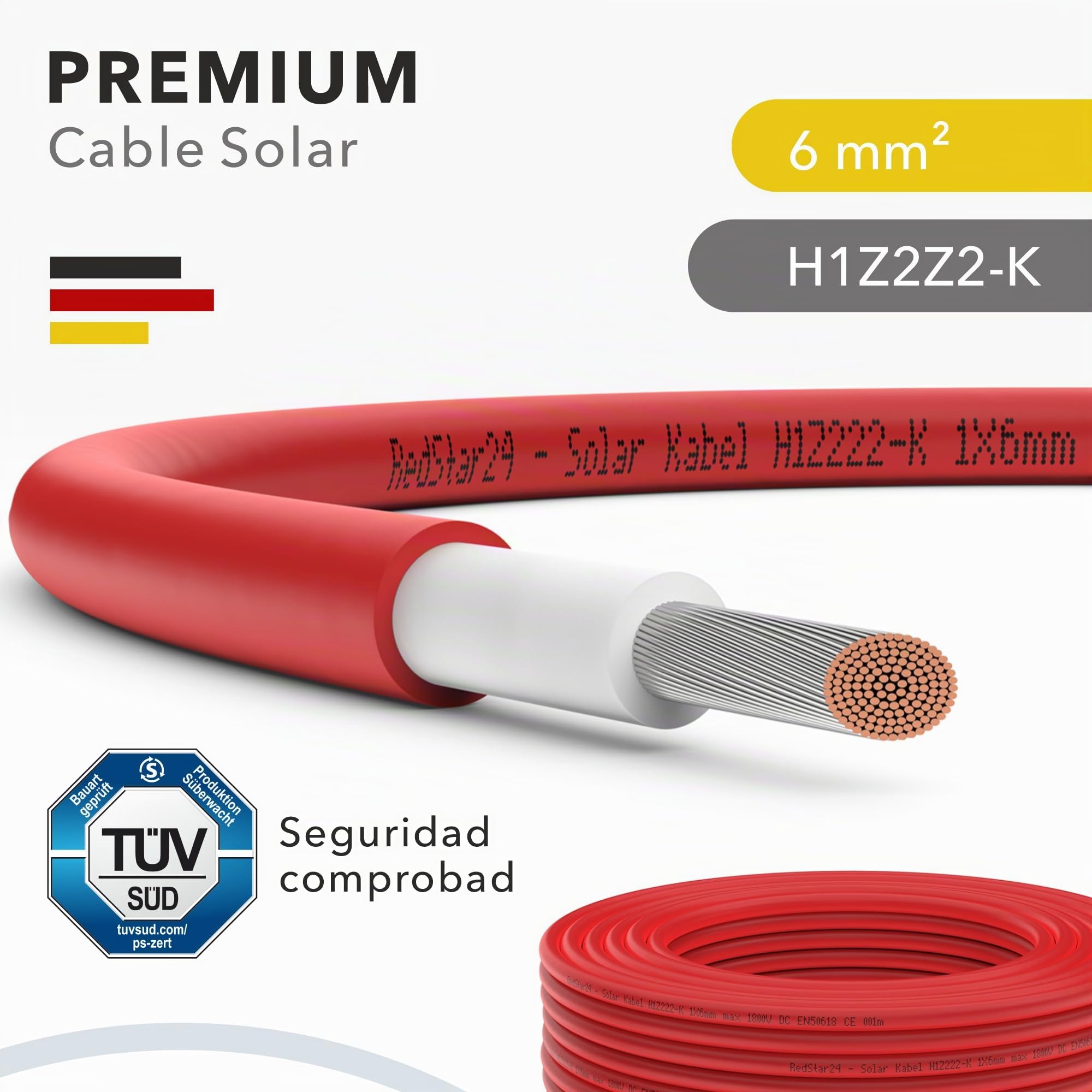 RedStar24 Cable Solar Premium 6mm² Rojo– 10m – Certificado TÜV SÜD – Resistente a rayos UV, flexible – Cable fotovoltaico PV para panel solar, inversor y regulador de carga – Alta durabilidad