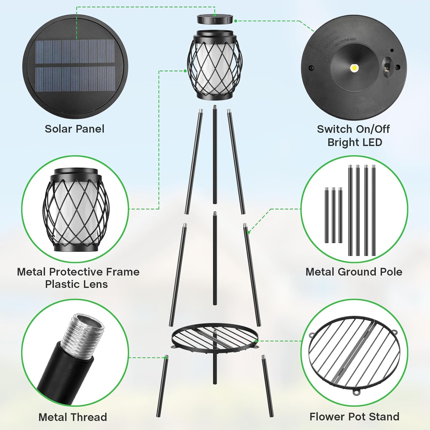 Solar Lights Outdoor with Plant Stands 2 Pack, Solar Floor Lamp Metal Tripod Patio Lights for Garden Yard Pathway Driveway Front/Back Porch Decoration-B- 2Pack Black - Single shelf