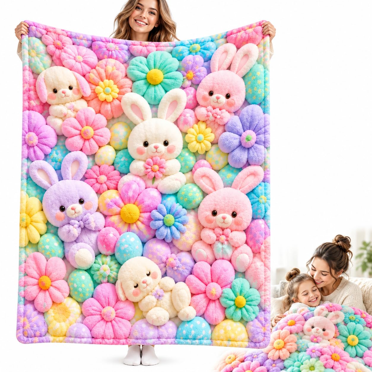 Pastel Floral Bunny Print Throw Blanket, Cute Soft Flannel