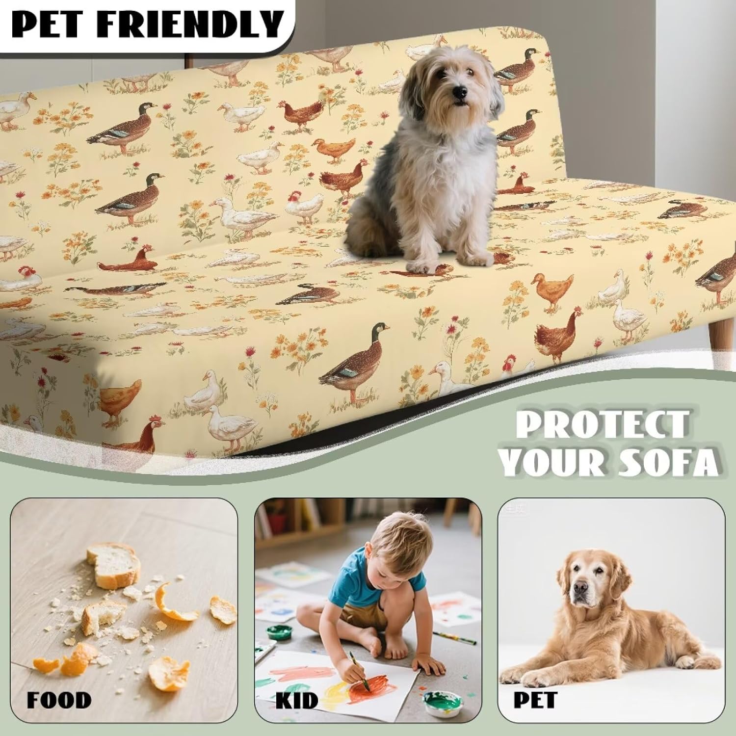 Rooster Duck Floral Print Beige Armless Futon Covers Stretch Sofa Bed Slipcover with Non-Slip Elastic Bottom, Thick Futon Mattress Cover Comfy Washable Protector