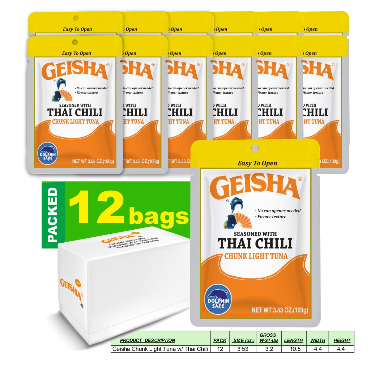 GEISHA Chunk Light Tuna Seasoned with Thai Chili Sauce 3.53oz (Pack of 12), Tuna| HALAL & Kosher Certified – Gluten Free – Wild Caught – Dolphin Safe Catch – Good Source of Protein
